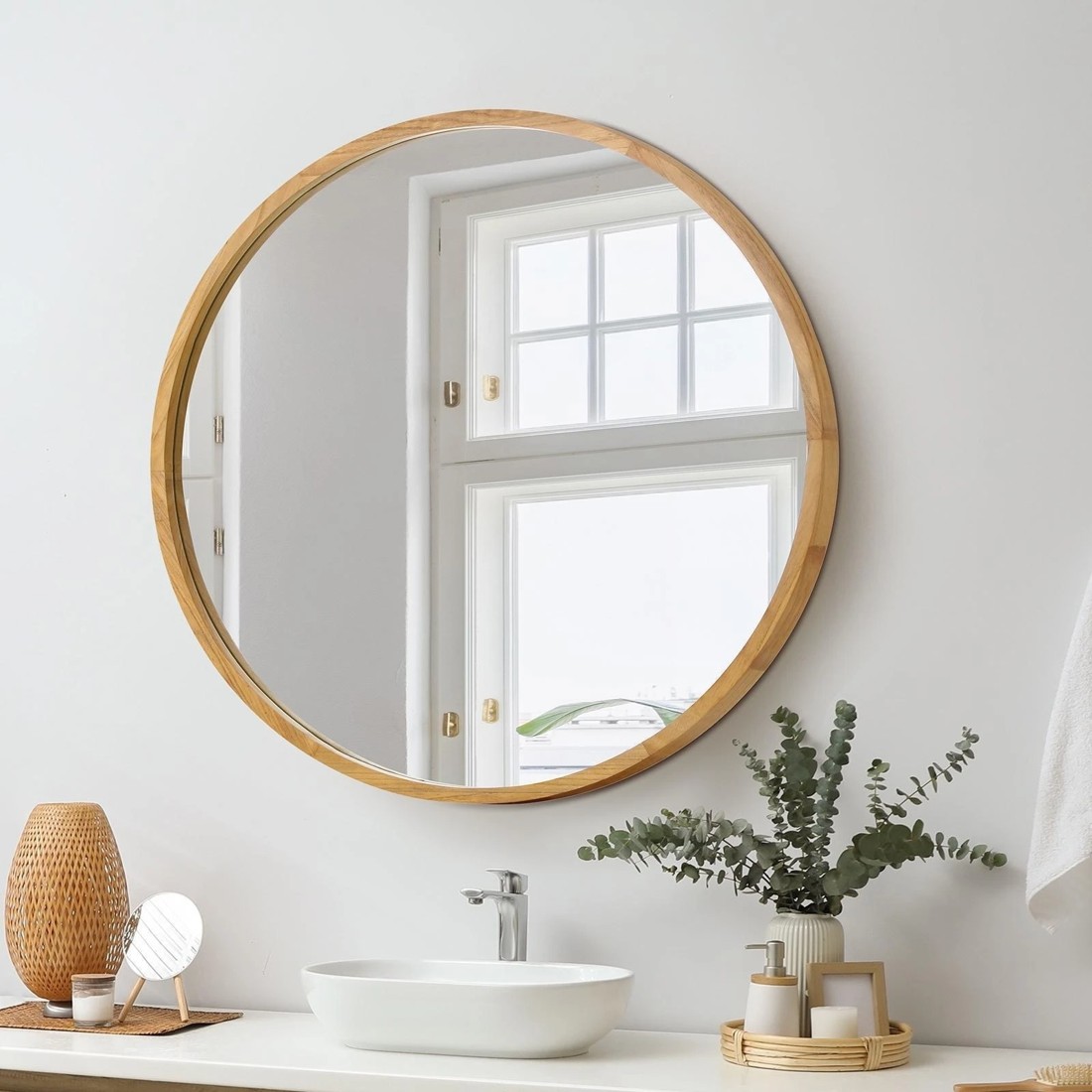 2 Oikiture Wall Mirrors Round 70cm Makeup Mirror Vanity Home Decor Wooden
 - Natural, 2 of 9