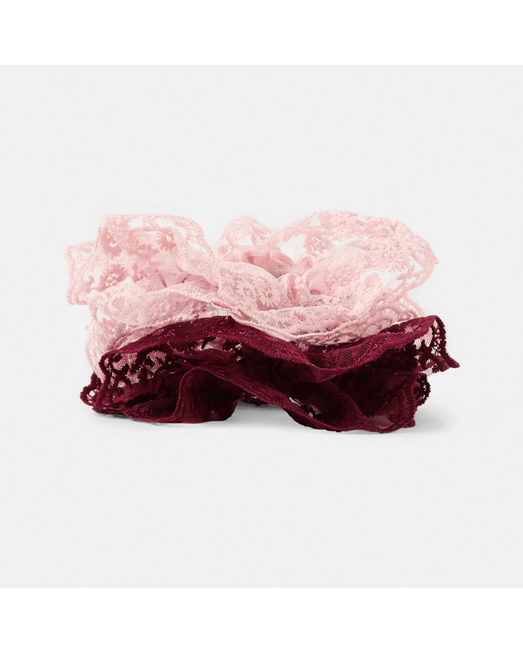 2 Pack Frill Lace Hair Scrunchies - Burgundy Red and Pink