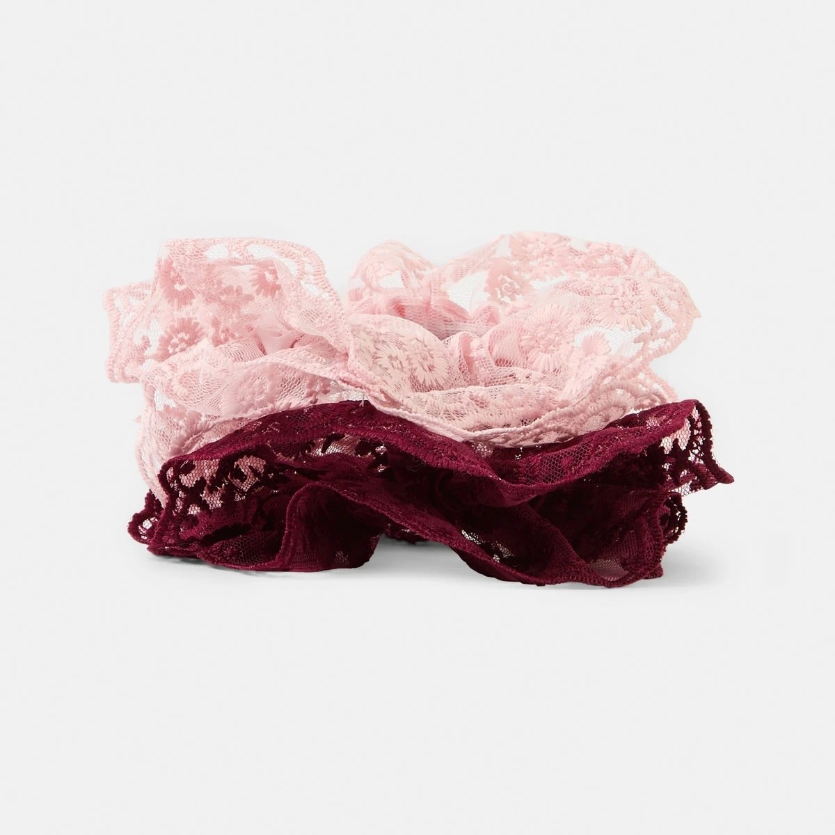 1 2 Pack Frill Lace Hair Scrunchies - Burgundy Red and Pink, 1 of 6