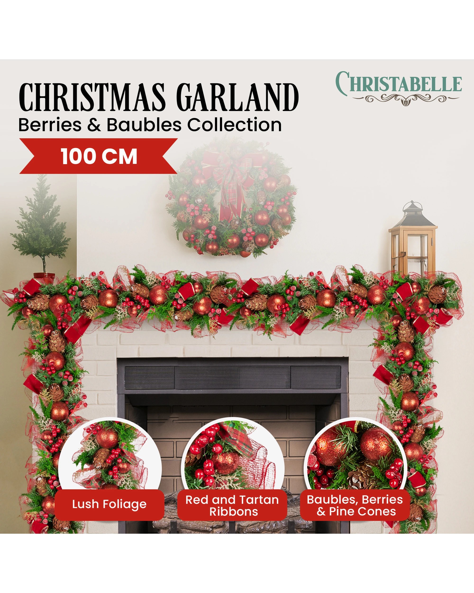 6 Christabelle 1m Christmas Garland With Red Berries Pine Cones Baubles Berries Tree Decoration Ornament, 6 of 8