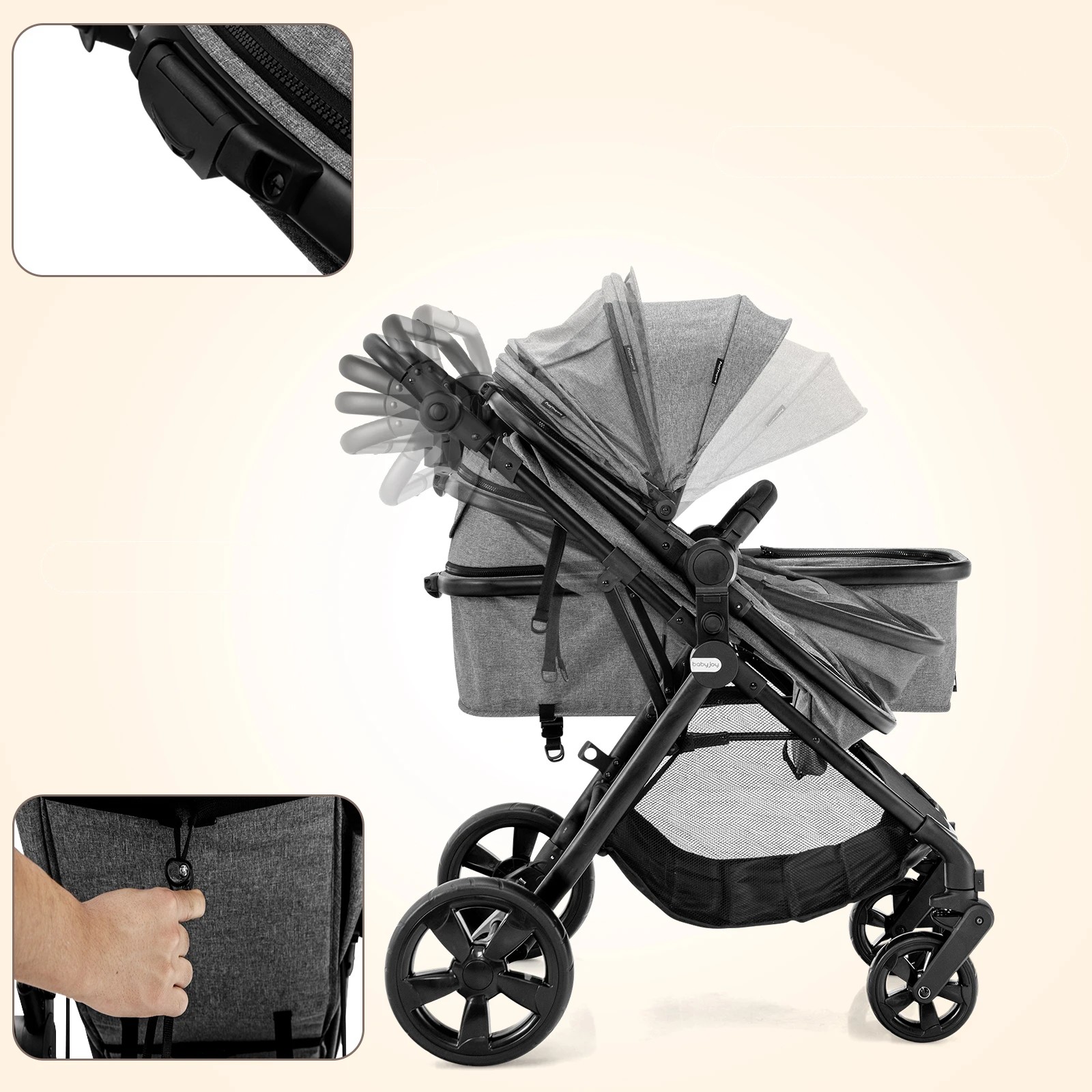 5 Costway Convertible Pram Folding Stroller - Grey, 5 of 6