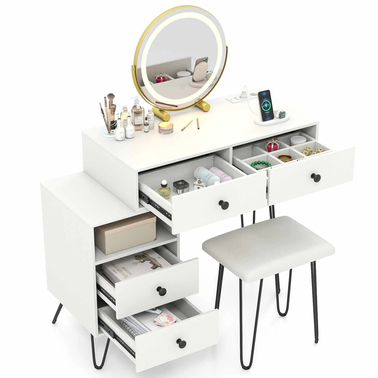 5 Costway Makeup Vanity Desk Rotatable Mirror Dressing Table Chair Set w/Charging Station, 5 of 5