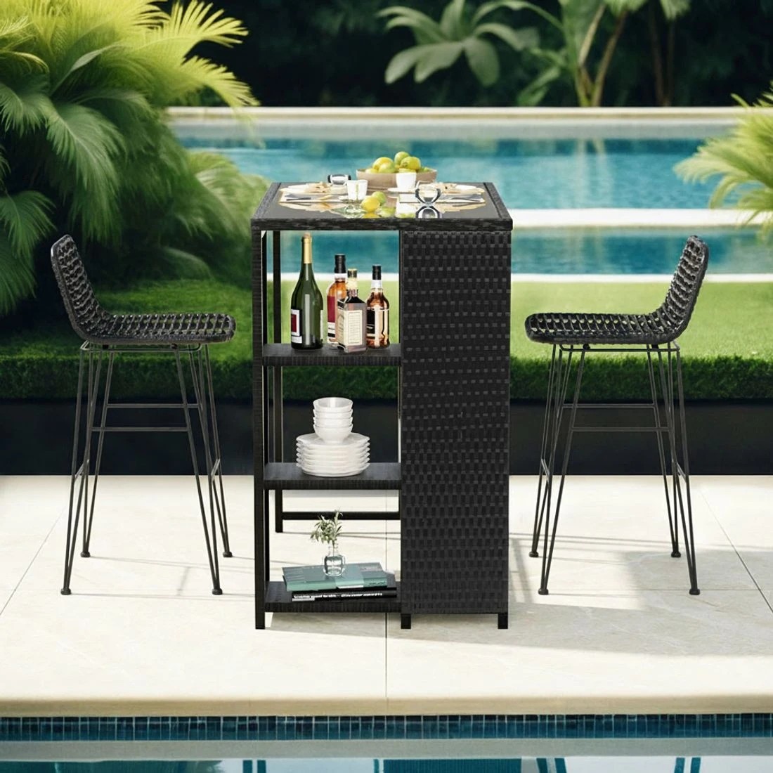 3 Gardeon Outdoor Bar Set Patio Furniture Dining Chairs Table and Chairs Wicker - Black, 3 of 5