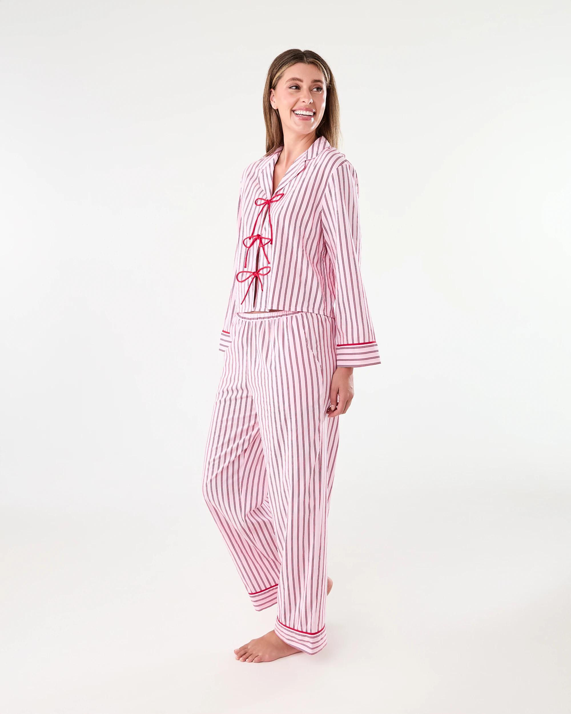 2 Cotton Long Sleeve Tie Front and Pants Pyjama Set Thin Str P, 2 of 9