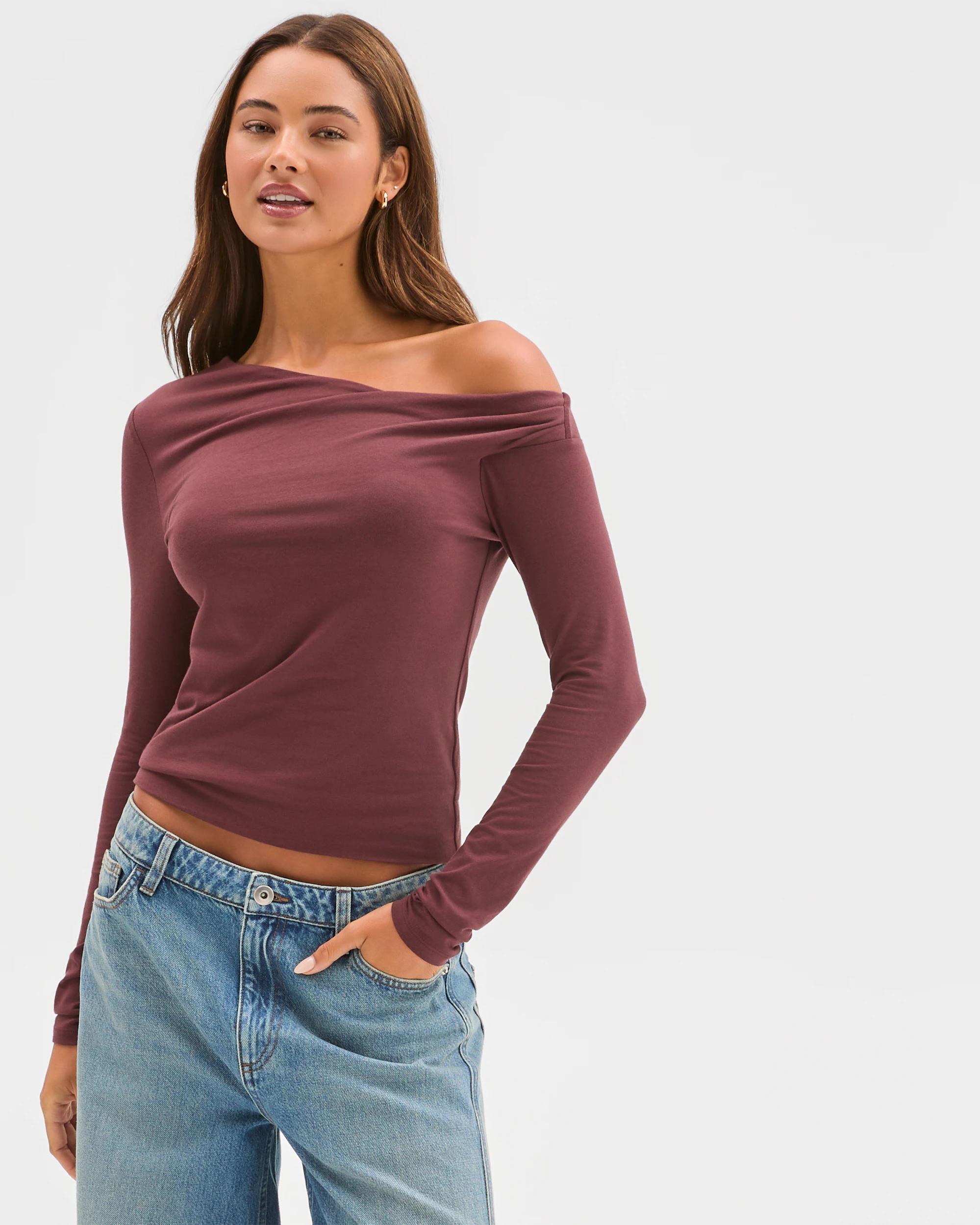2 Lily Loves Australian Cotton Off Shoulder Long Sleeve Top BURGUNDY, 2 of 7