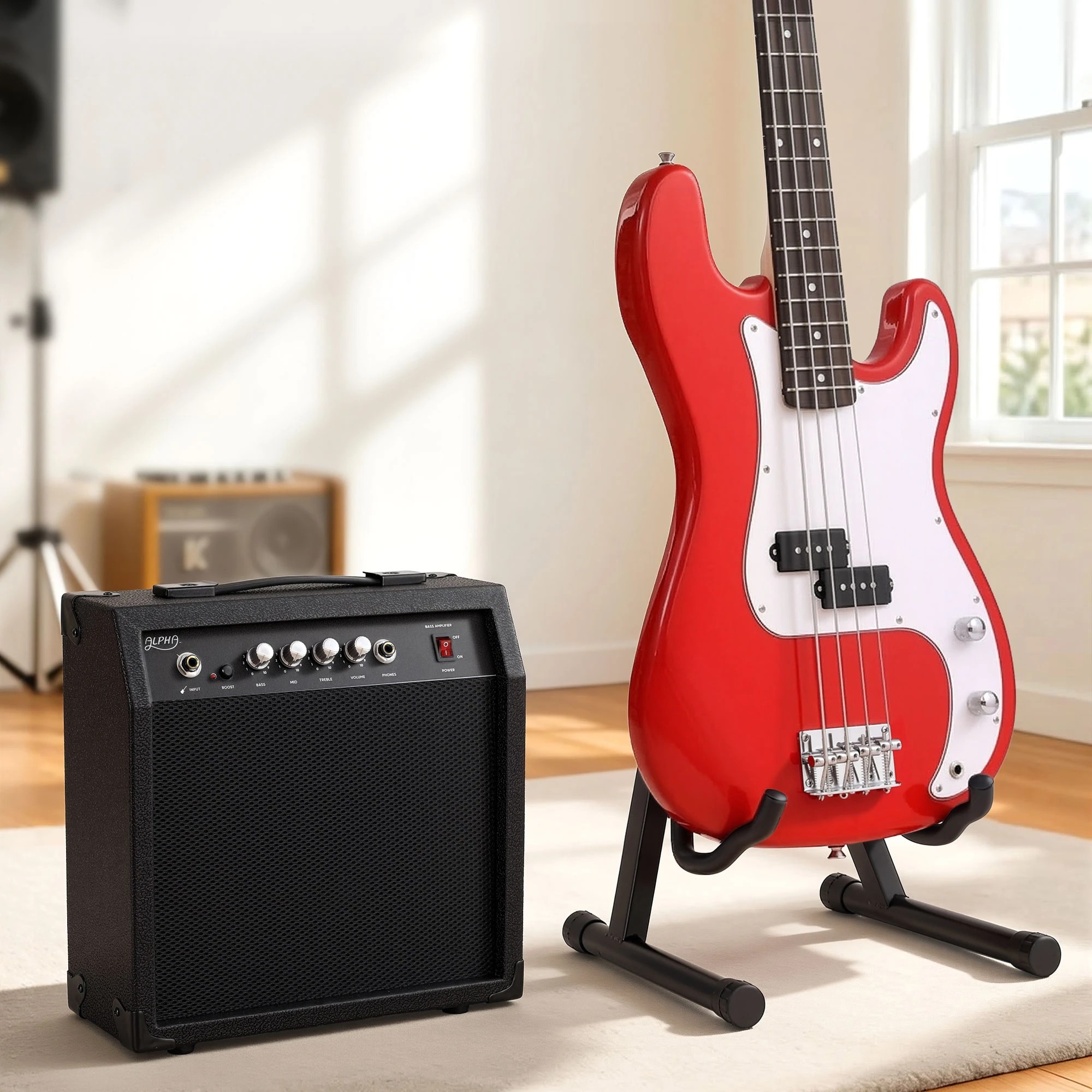 9 Alpha Electric Guitar Bass 47 Inch Set Kit 40W Bass Guitar Amplifier Guitar Stand Folding - Multi, 9 of 9
