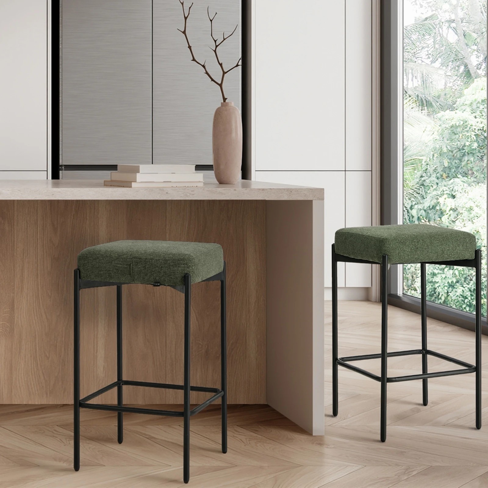4 Oikiture 2x Bar Stools Kithen Counter Stool Dining Chair Linen Seat Metal - Green, 4 of 9