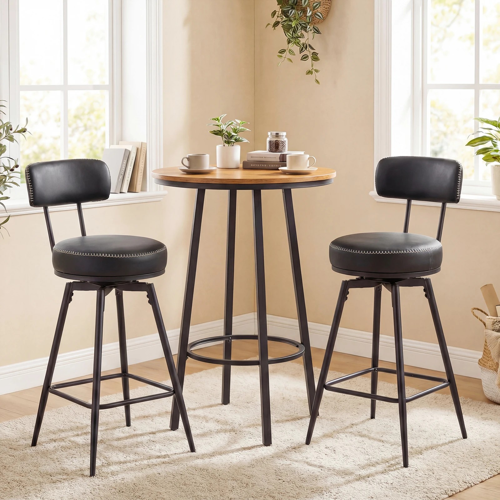 2 Costway 2x Swivel Bar Stools Modern Counter Height Chairs Kitchen Faux Leather Upholstered Barstools, 2 of 3