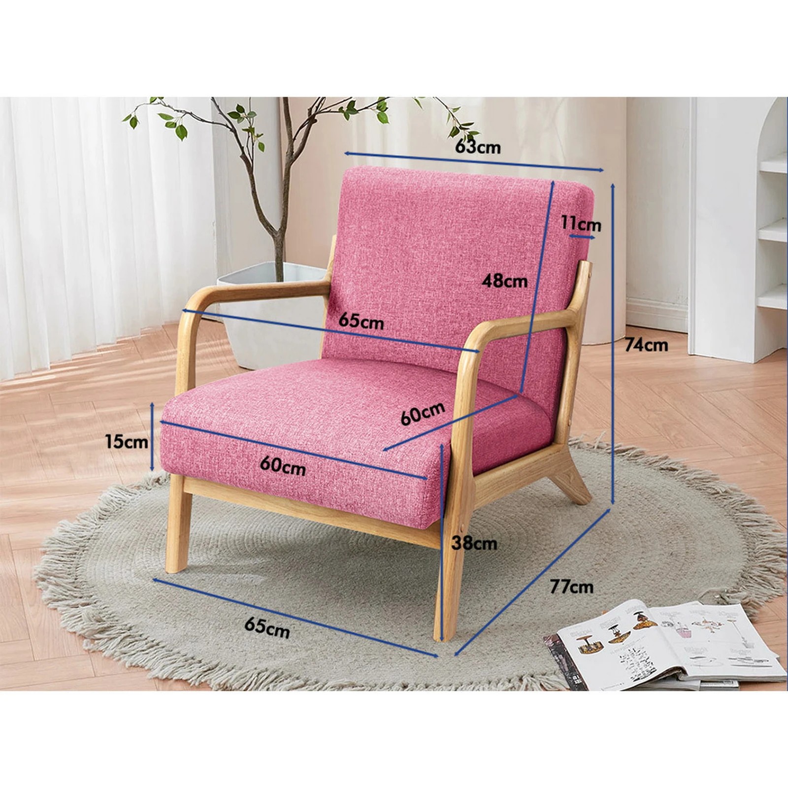 8 Alfordson Armchair Lounge Chair Fabric Accent Chairs Wooden Sofa Couch - Pink, 8 of 9