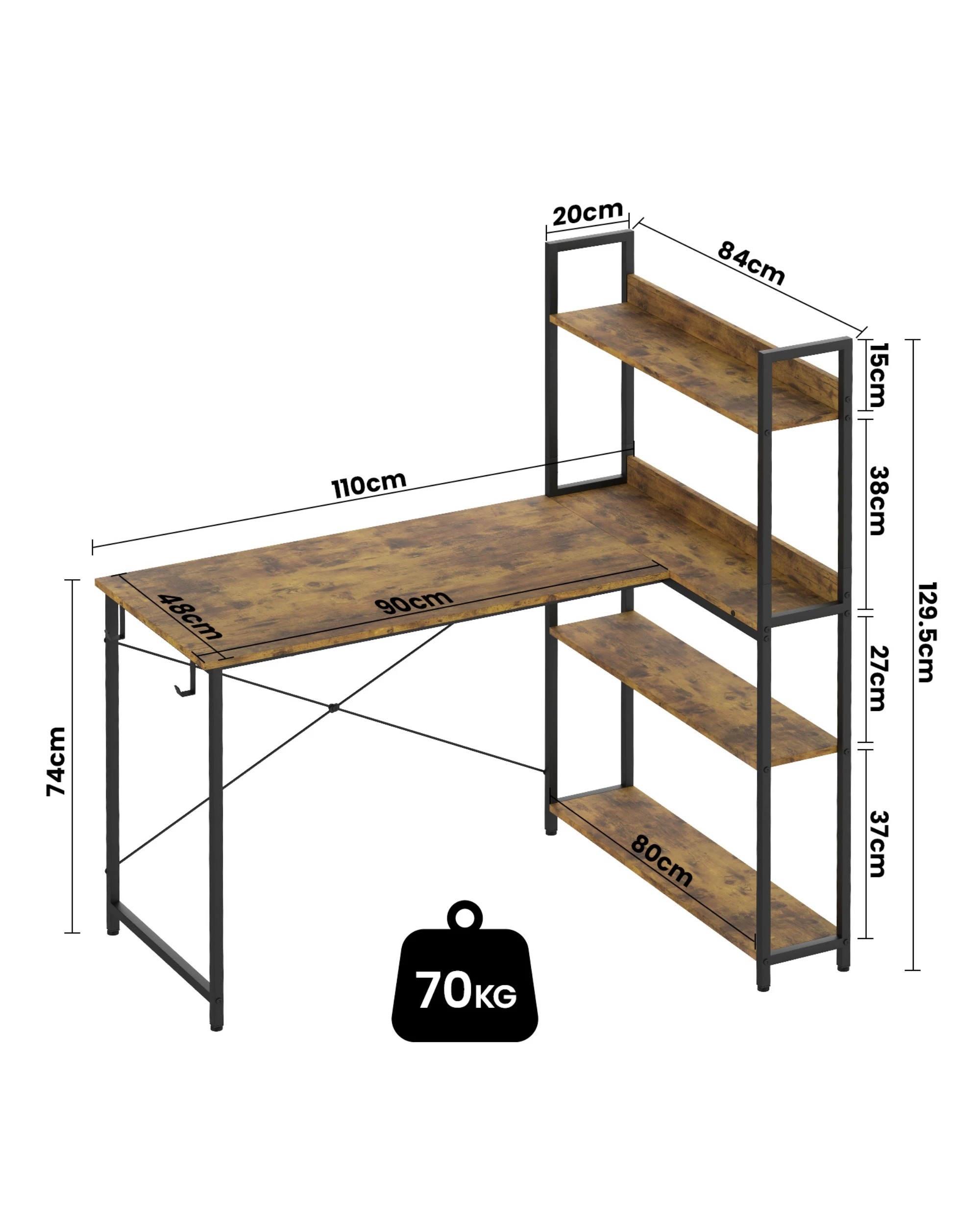 2 Ufurniture Computer Desk with Bookshelf, 110cm L Shaped Corner Desk with Storage - Brown, 2 of 9