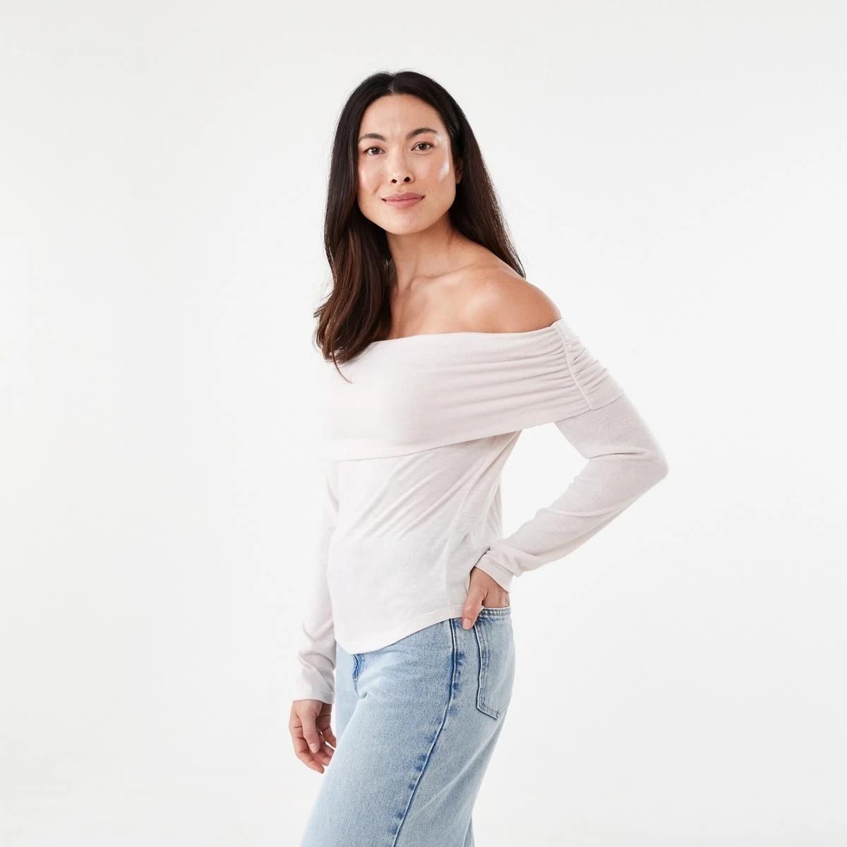 2 Long Sleeve Off Shoulder Top Nat Beige, 2 of 5