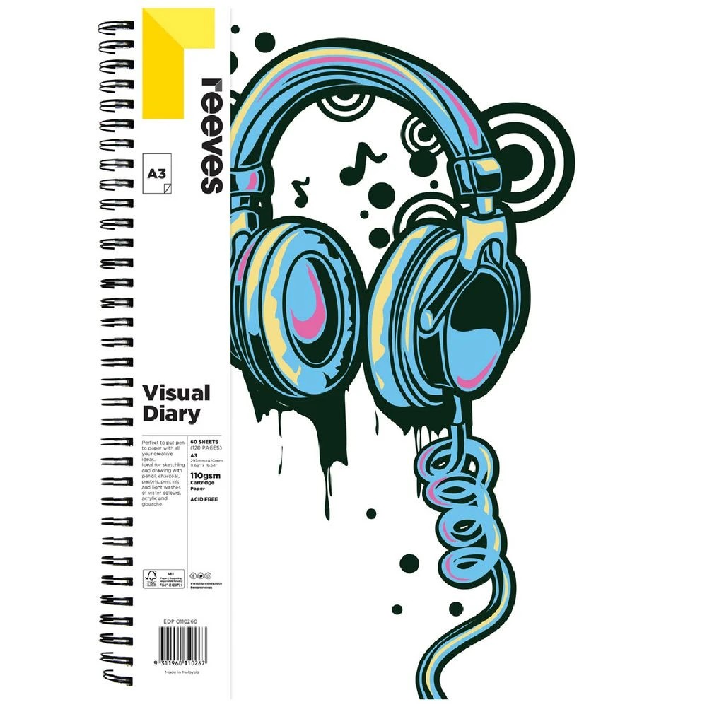 1 Reeves A3 Visual Art Diary 110gsm 60 Sheets Headphones, 1 of 6