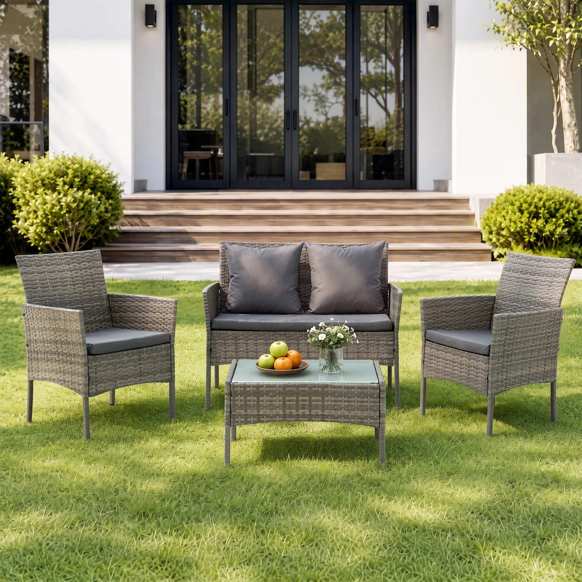 4 Gardeon 4-Piece Outdoor Sofa Set with Two Pillows Rattan Furniture Coffee Table and Chair Set - Grey, 4 of 8