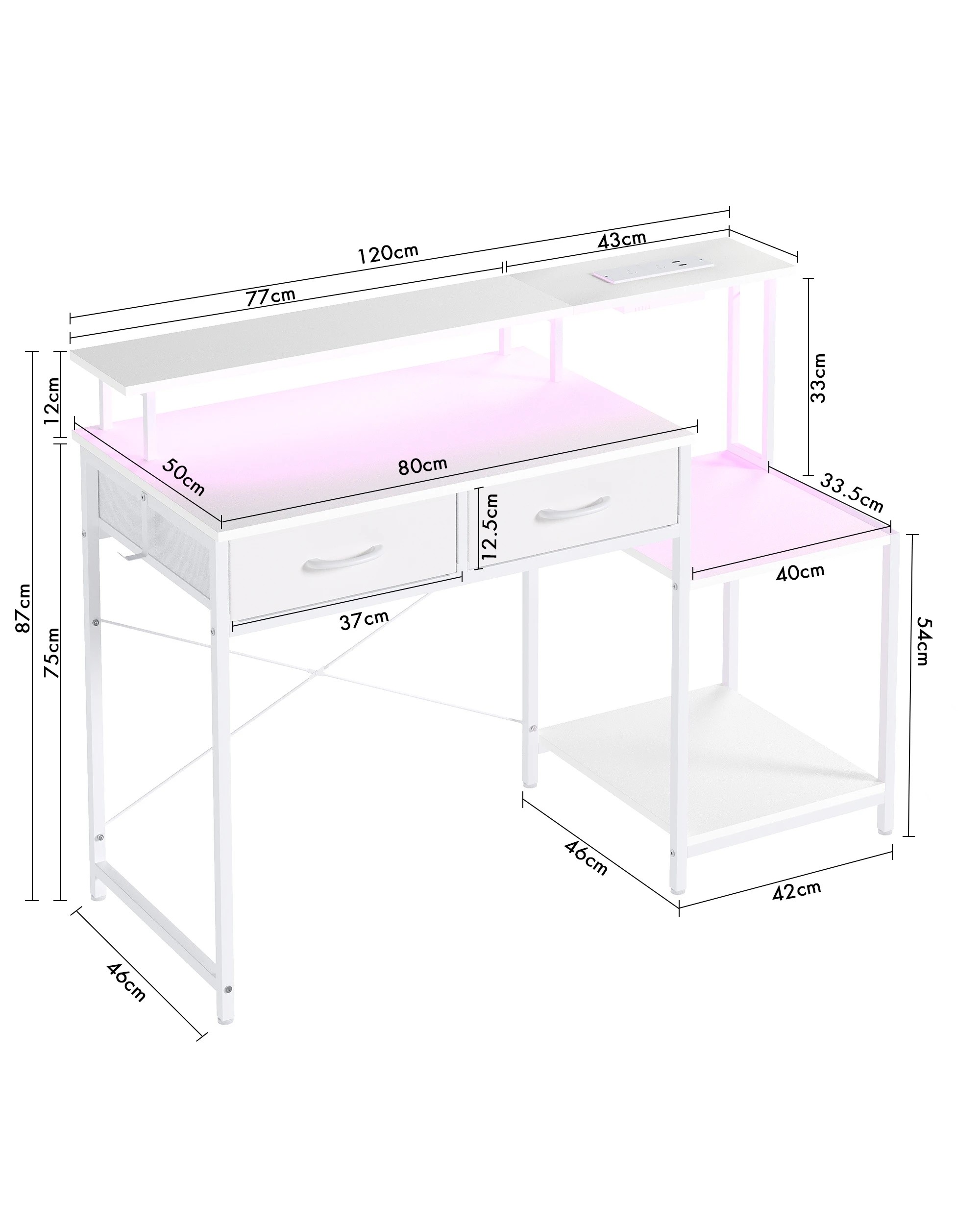 10 Advwin 120cm Gaming Desk With Led Lights Power Outlets Reversible Printer Storage Shelf Computer Desk White, 10 of 10