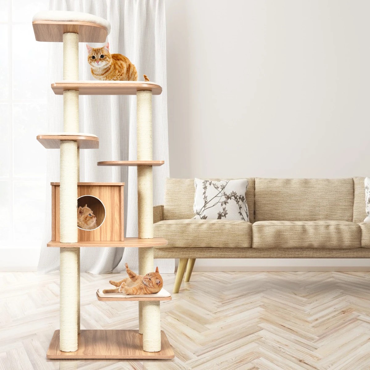 6 Costway 179cm Tall Wooden Cat Tree 7-Layer Cat Tower w/Cat Condo - Natural, 6 of 7