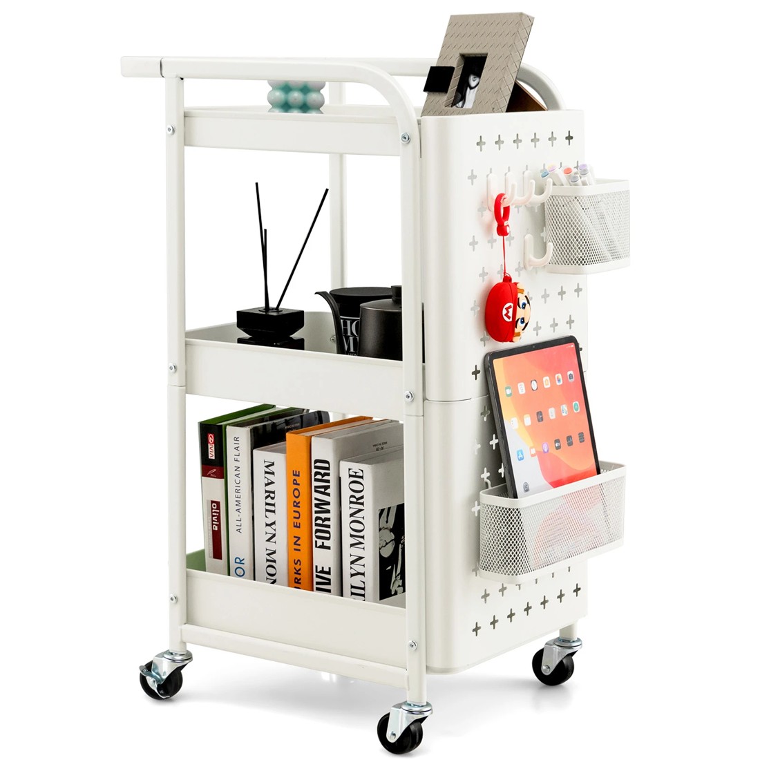 4 Costway 3-Tier Rolling Storage Cart w/Pegboards Mobile Utility Trolley - White, 4 of 4