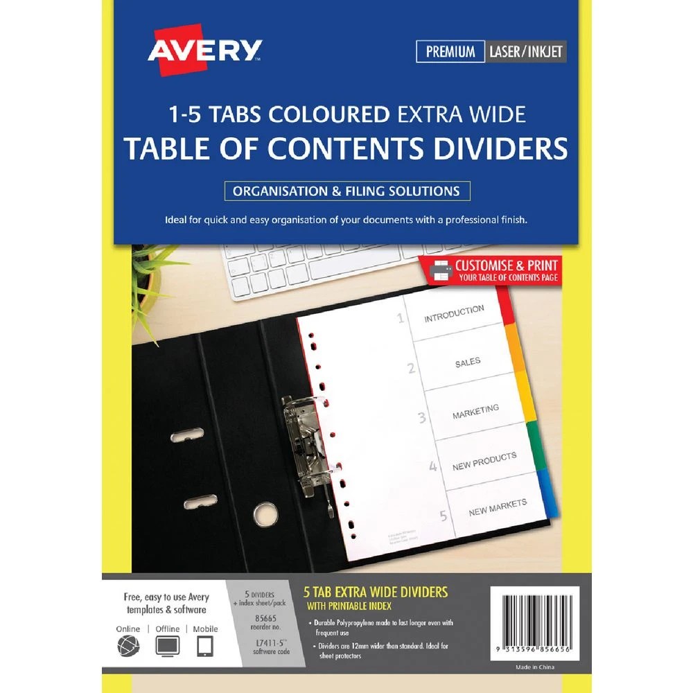 1 Avery Coloured A4 Dividers 5 Tab Extra Wide, 1 of 1
