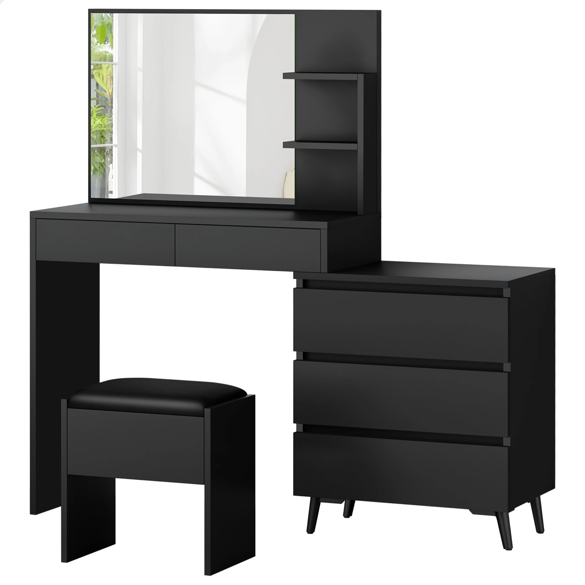 1 Alfordson Dressing Table Stool Set Makeup Mirror Desk Storage Drawers - Black, 1 of 10