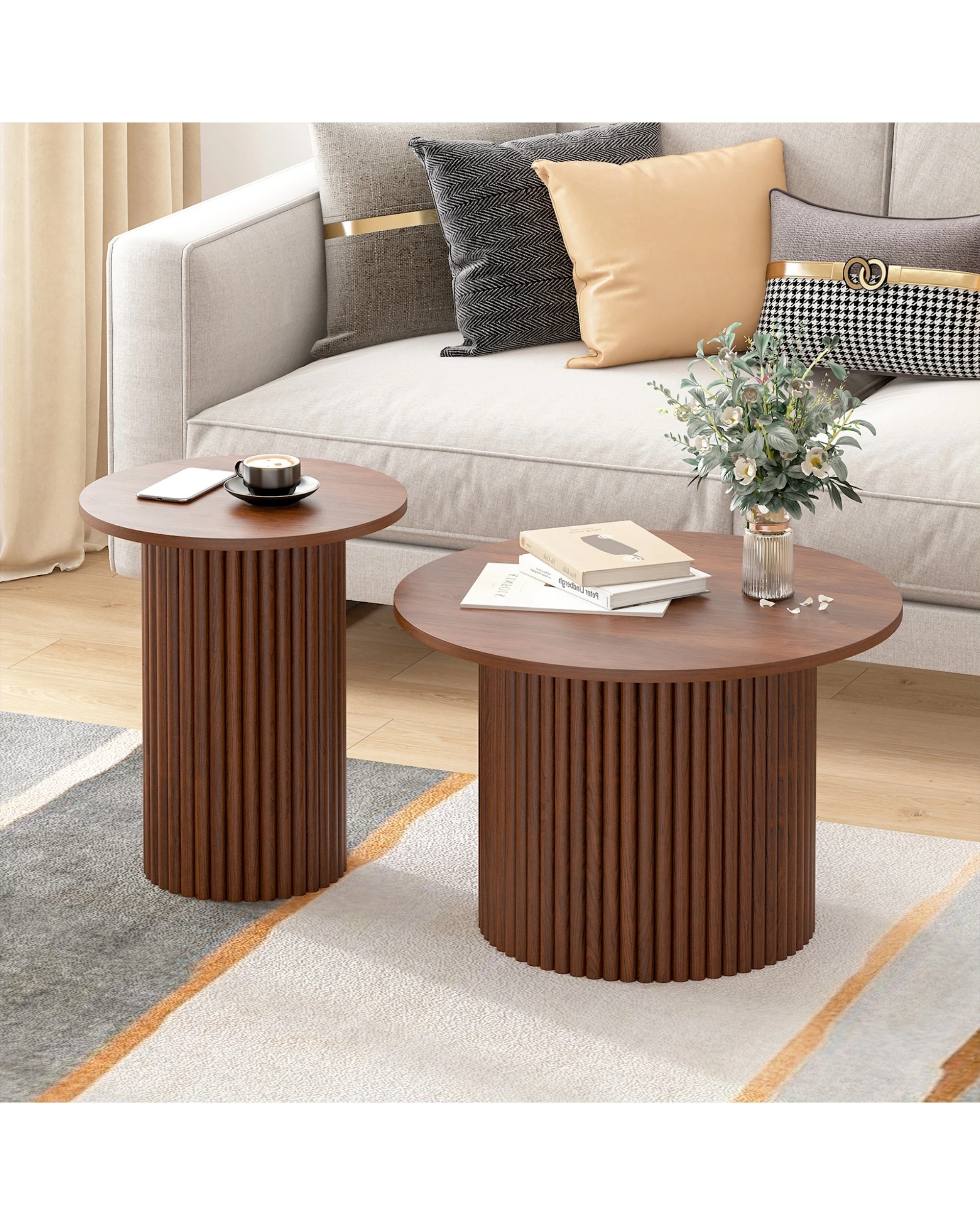 4 Advwin Coffee Table Set of 2  with Fluted Panel - Brown, 4 of 10