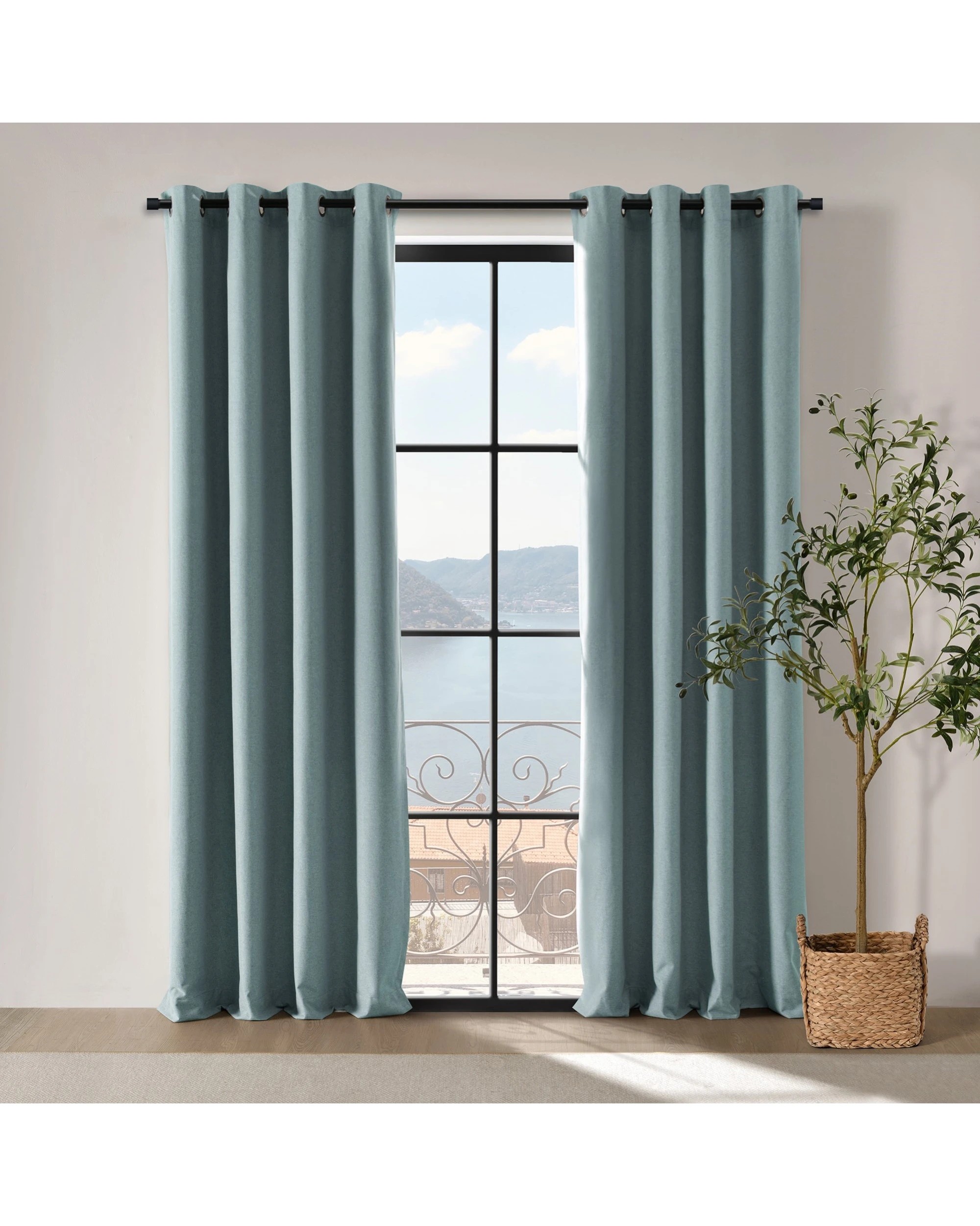 1 Cadence & Co. Bennett Faux Linen Blockout Eyelet Curtain Twin Pack 90x223cm - Blue, 1 of 4