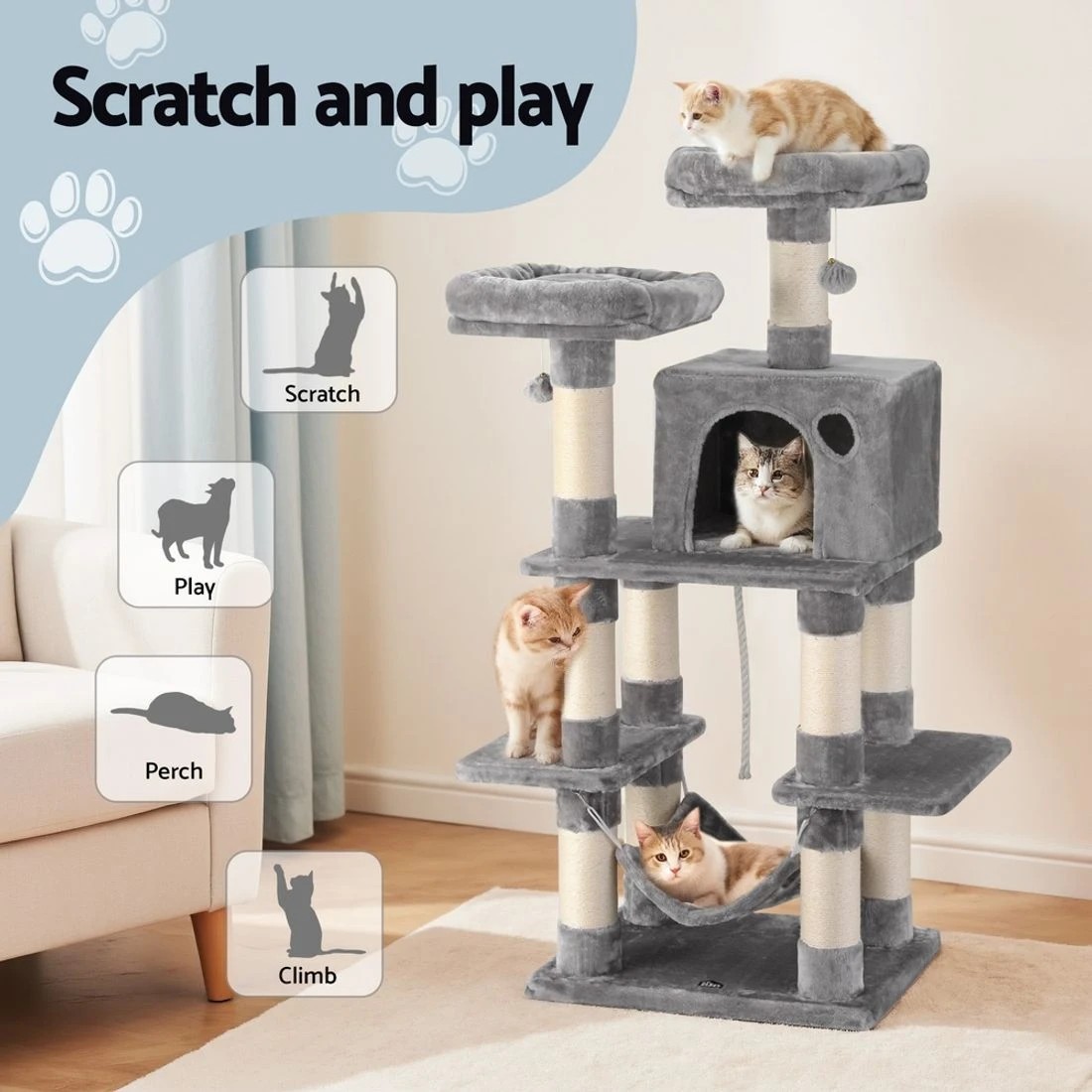 5 i.Pet Cat Tree 145cm Tower Scratching Post Trees Scratcher Condo House
 - grey, 5 of 7