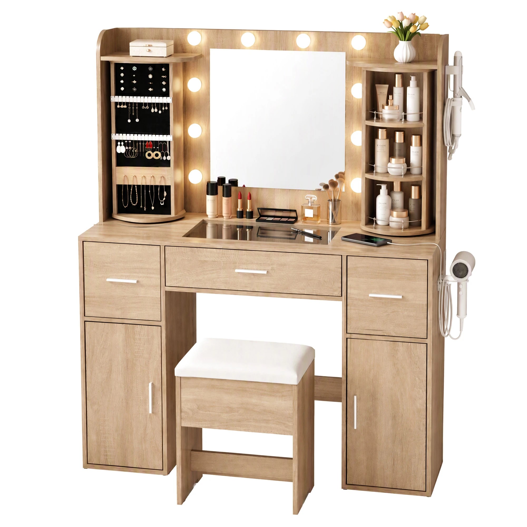 Artiss Dressing Table Vanity Desk LED Mirror Stool Set Charging Station ...