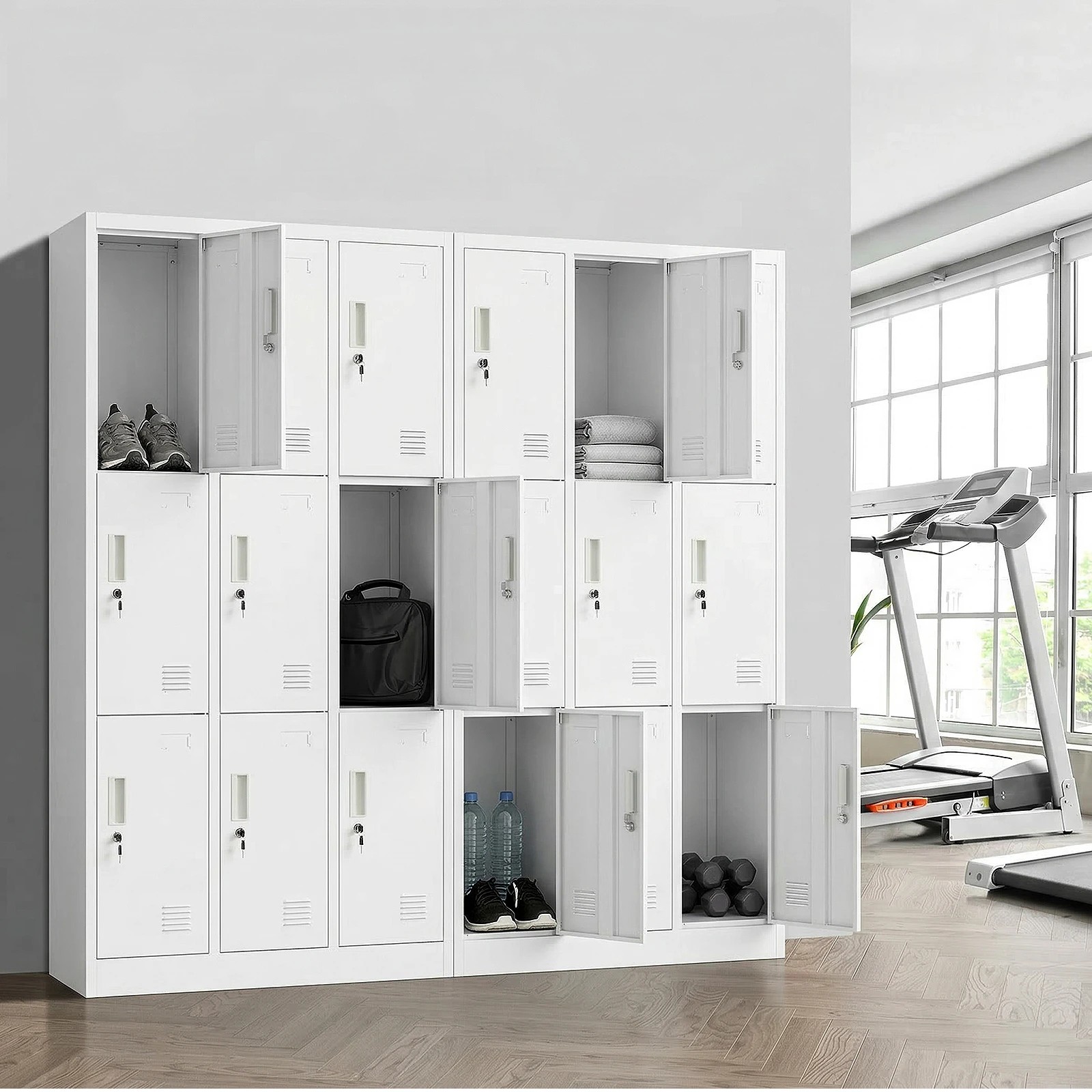 3 Oikiture 9 Doors Locker Cabinet Steel Storage Cupboard Office School Gym - White, 3 of 9