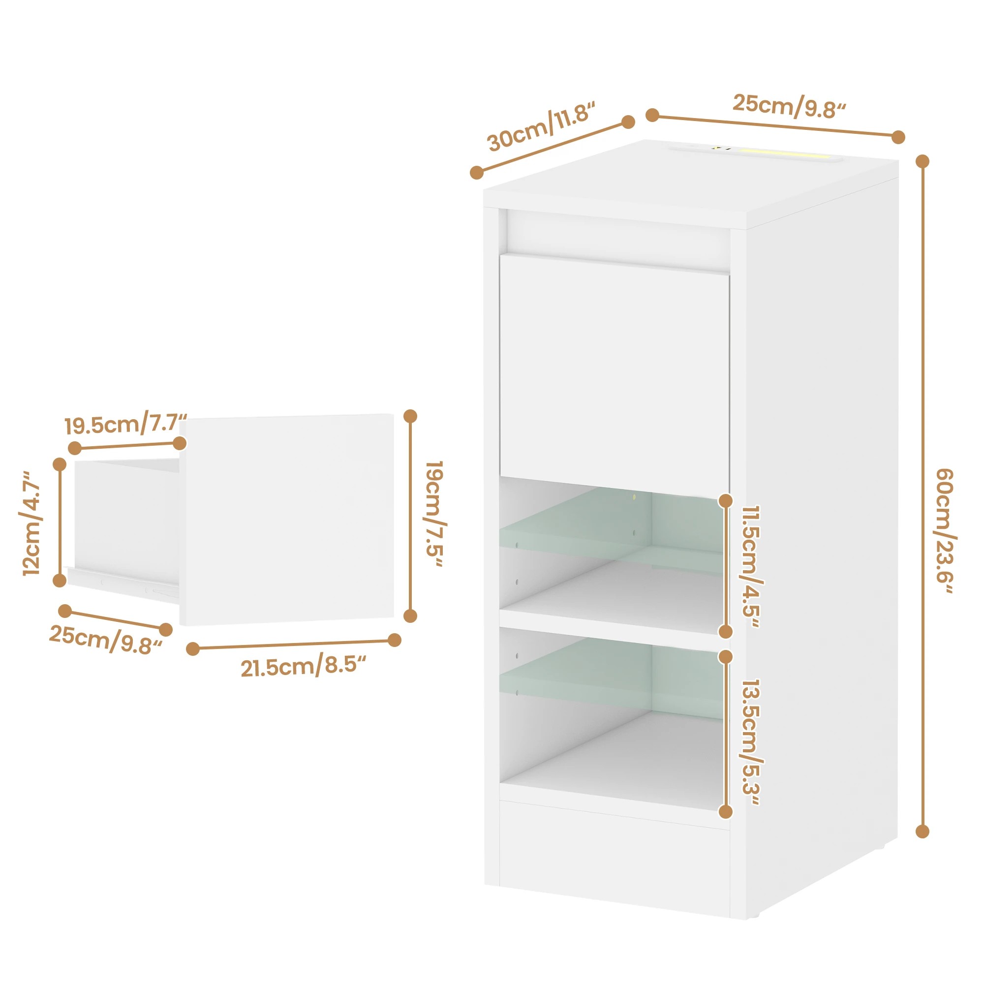 8 Advwin LED End Table Sofa Side Table with Drawers Narrow Bedside Table White - White, 8 of 9