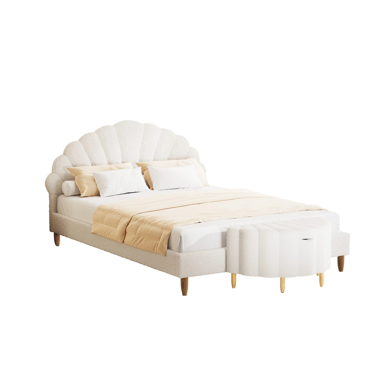 1 Oikiture Boucle Bed Frame with Ottoman Set Scallop Shaped Sherpa Bedhead Double - White, 1 of 9