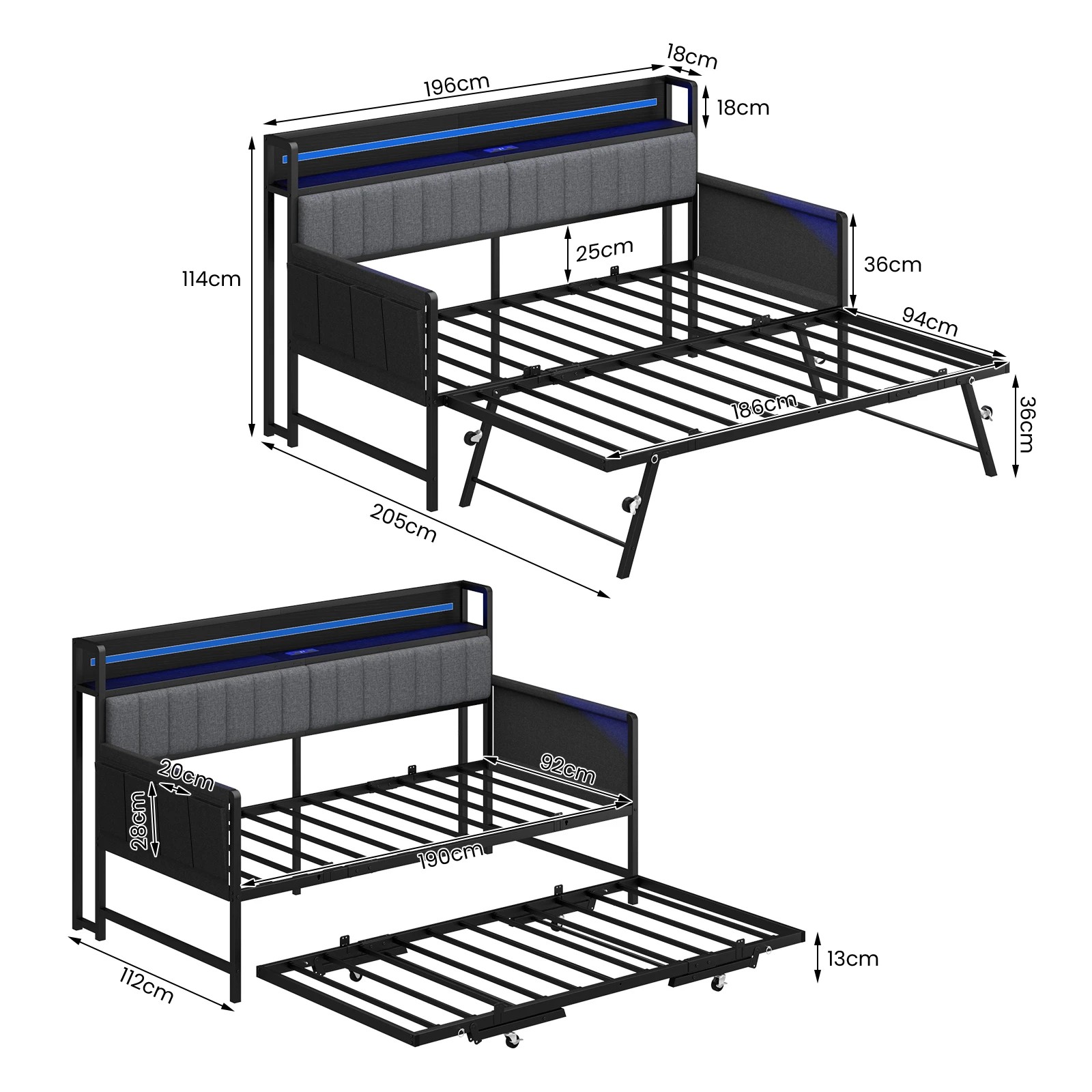 3 Advwin Single Size Metal Bed Frame Daybed w/ Trundle & Power Outlets - Black, 3 of 9