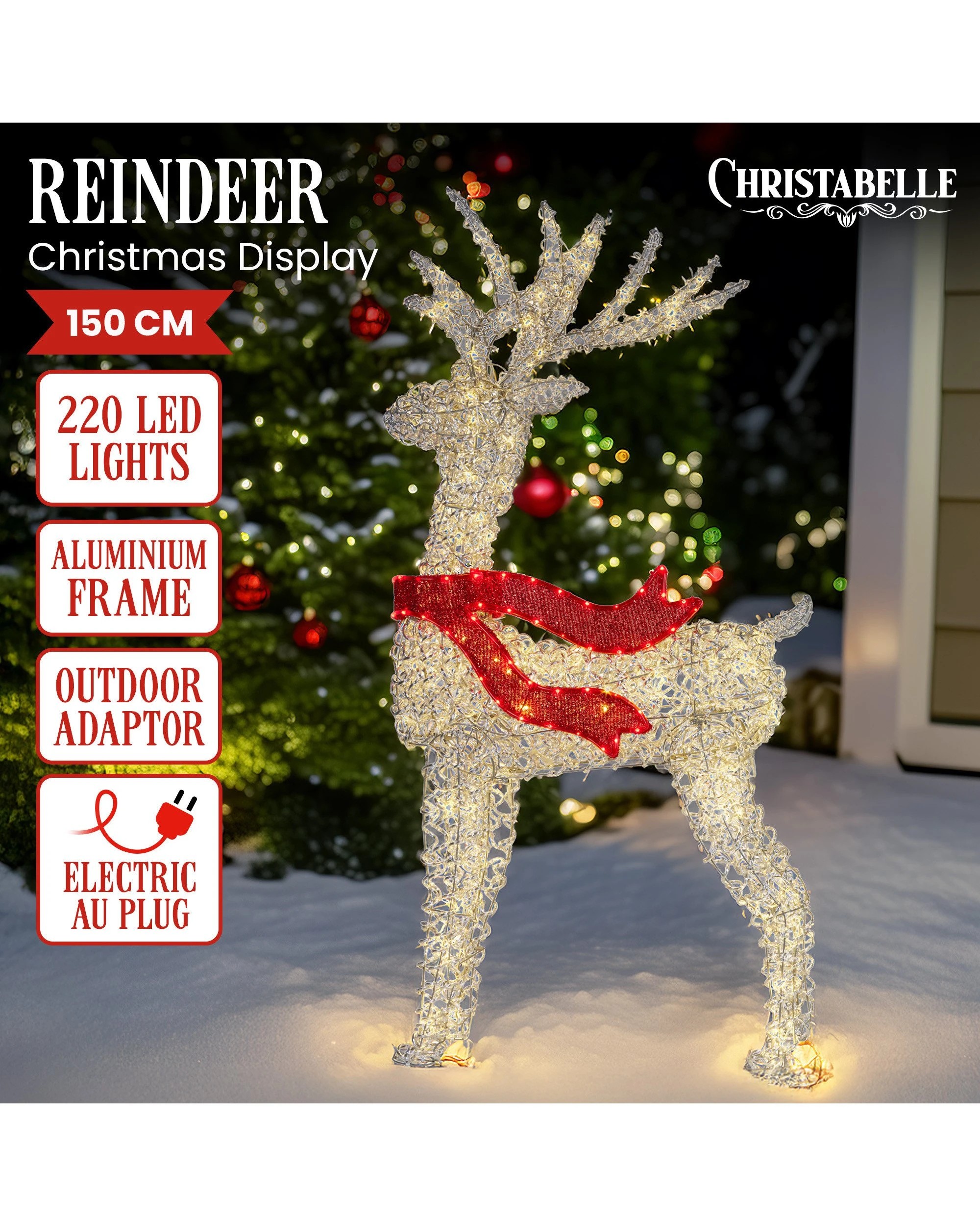 2 Christabelle Large 1.5m Christmas Reindeer Outdoor Indoor Display Decoration Lawn Statue Led Lights Red Bow, 2 of 7