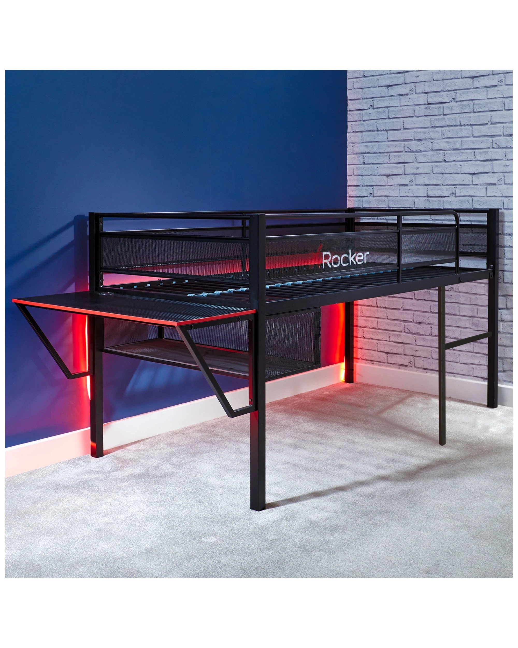 5 X Rocker Sanctum Gaming Mid Sleeper Elevated Bed W/ Gaming Desk/shelf Black
 - Black, 5 of 7