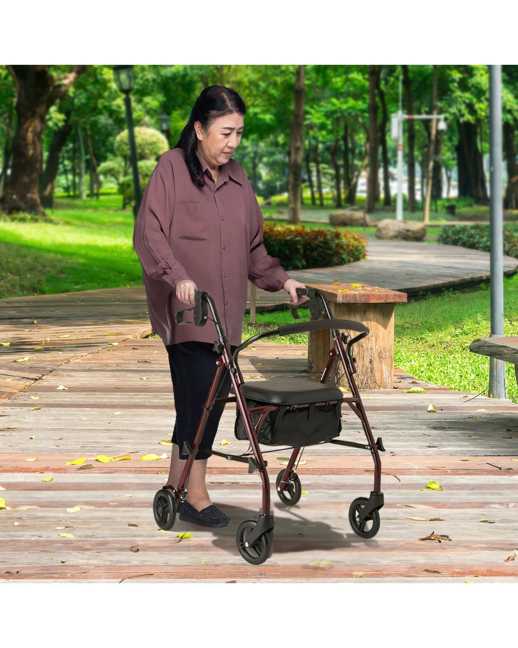 8 Orthonica Folding Steel Rollator 4-Wheel Walker, Adjustable Handles, Storage Seat - Black, 8 of 8