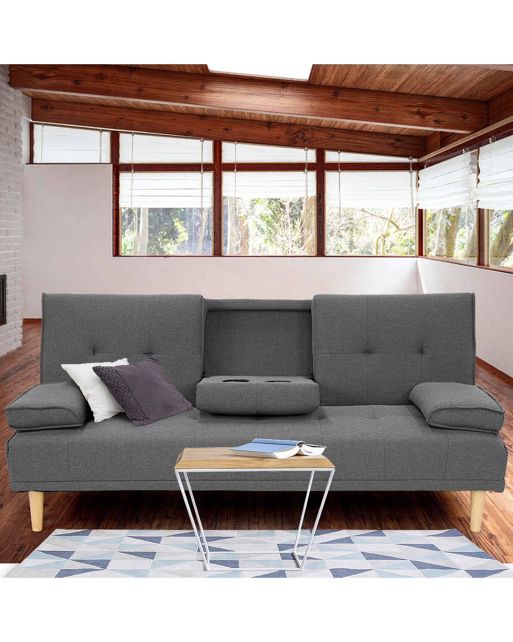 2 Sarantino Linen Fabric Sofa Bed Lounge Couch Futon - Grey, 2 of 8