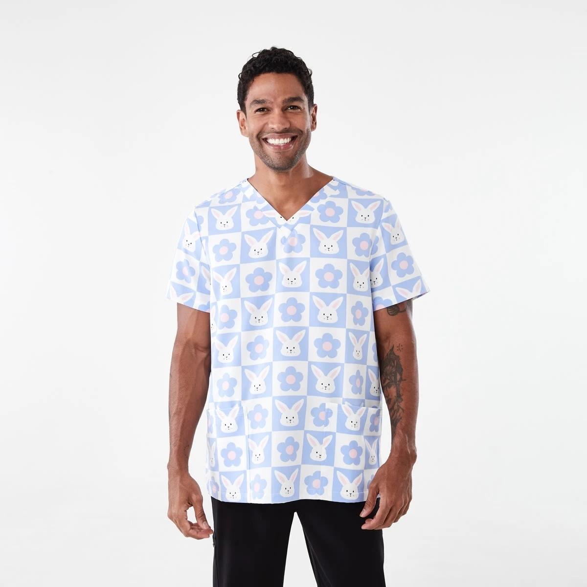 1 Work Short Sleeve Print Scrub Top Bunny Chk, 1 of 7