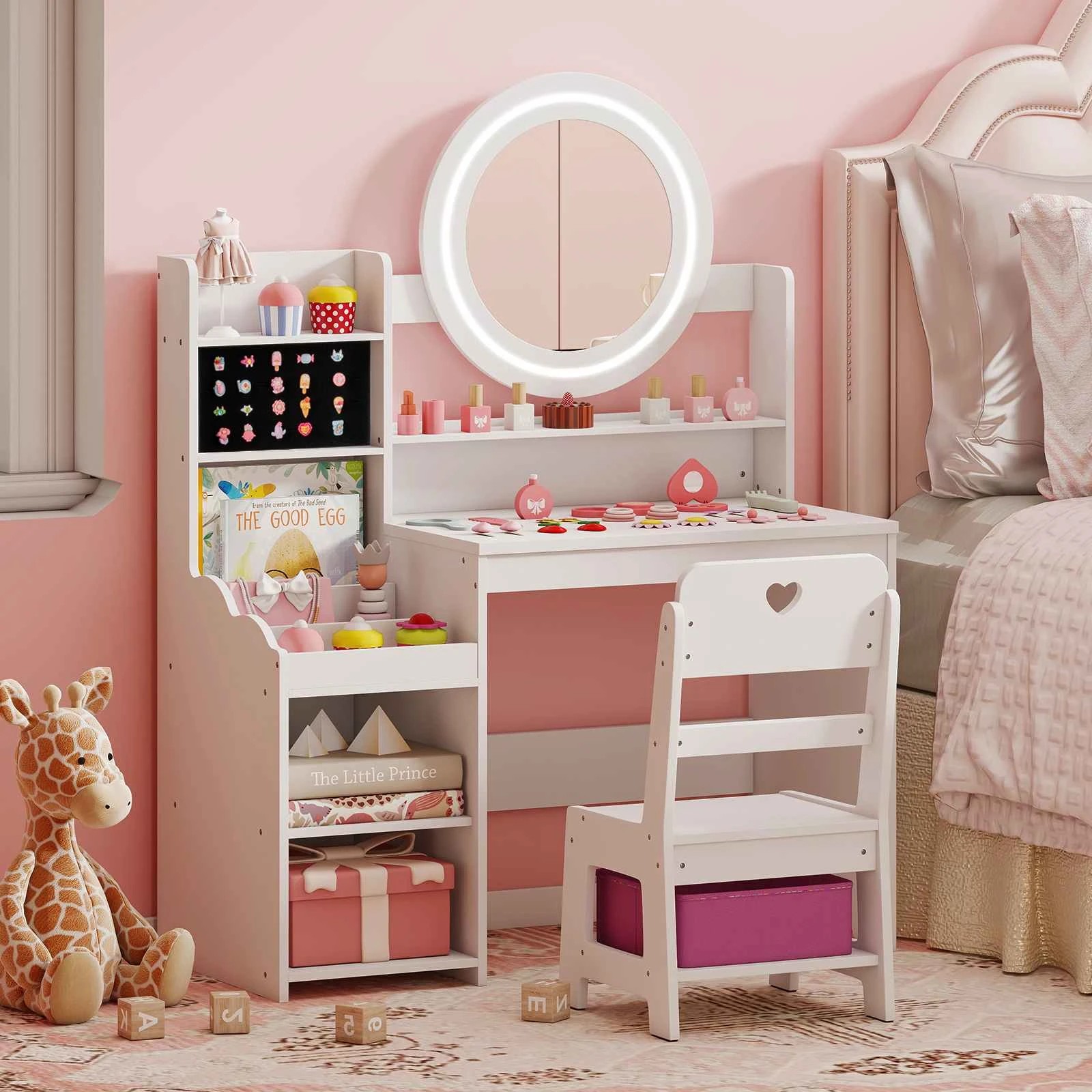 2 Costway Dressing Table Chair Princess Vanity Set w/Lighted Mirror - White, 2 of 3
