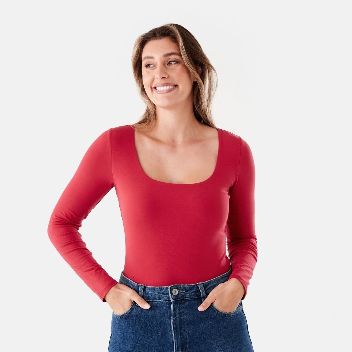 1 Long Sleeve Square Neck Top Urbn Red, 1 of 6