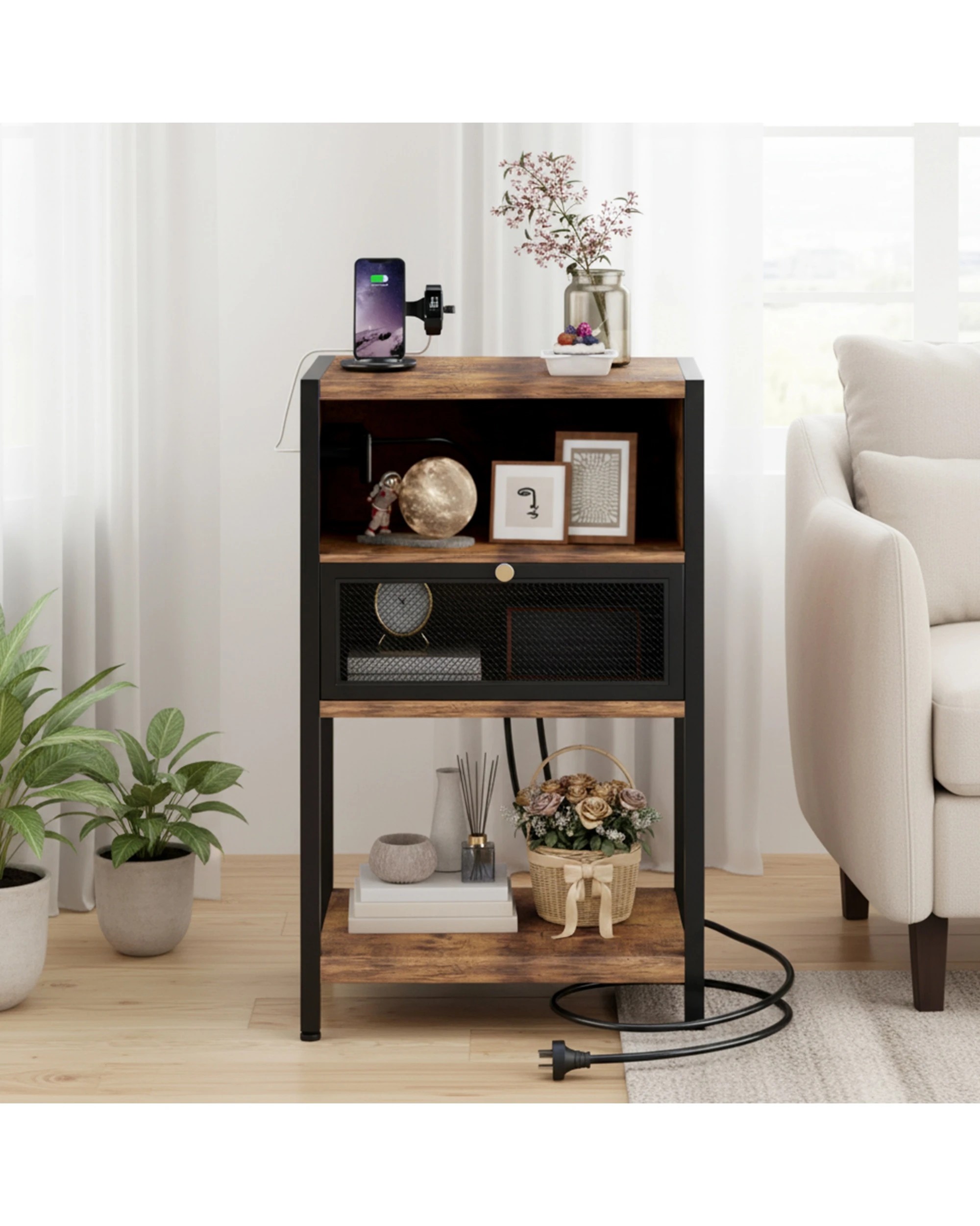 3 Advwin Bedside Table with Charging Station Metal Mesh Drawer Nightstand Side Table - Brown, 3 of 9