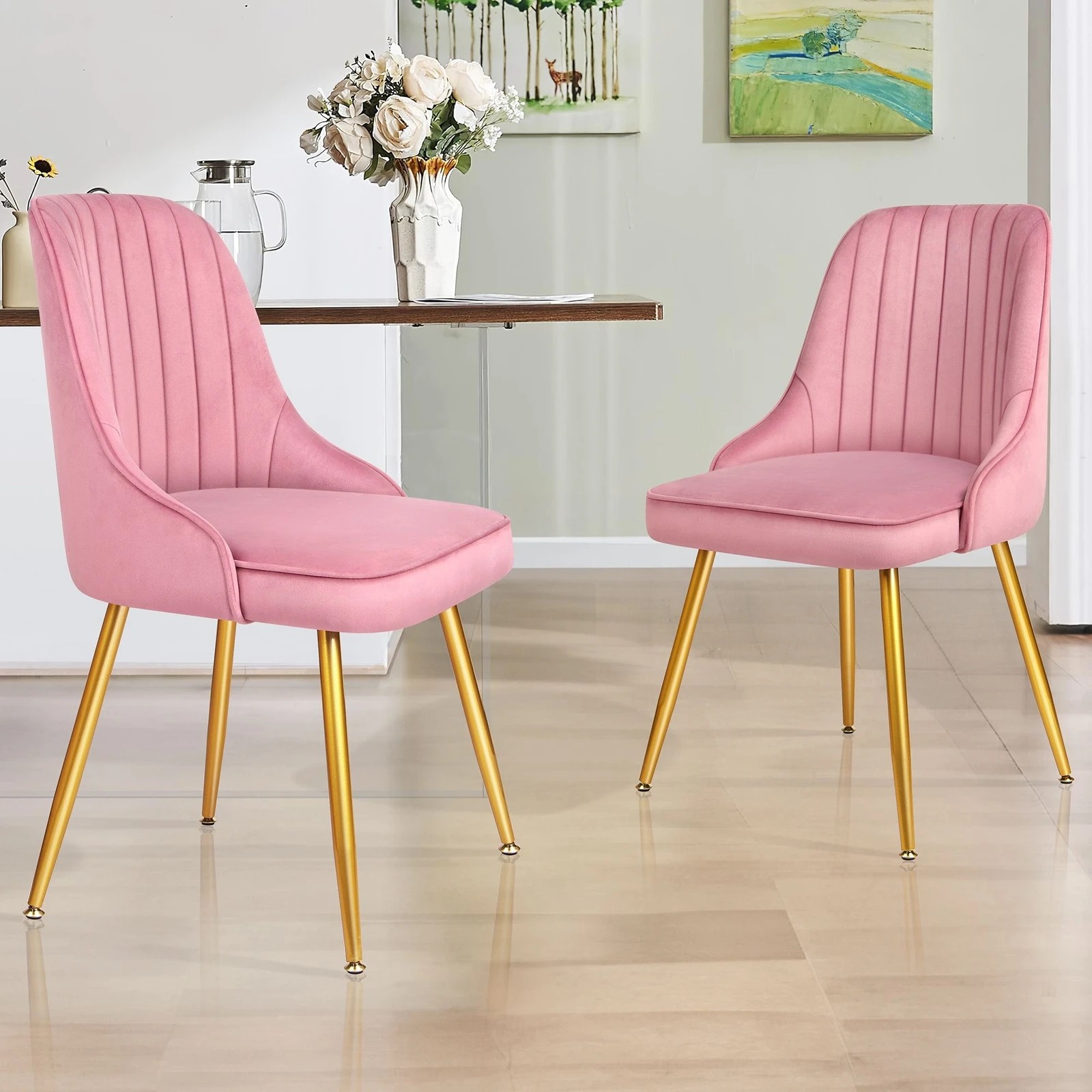 2 Alfordson 2x Dining Chairs Kitchen Accent Lounge Padded Tufted Seat Velvet - Pink, 2 of 10