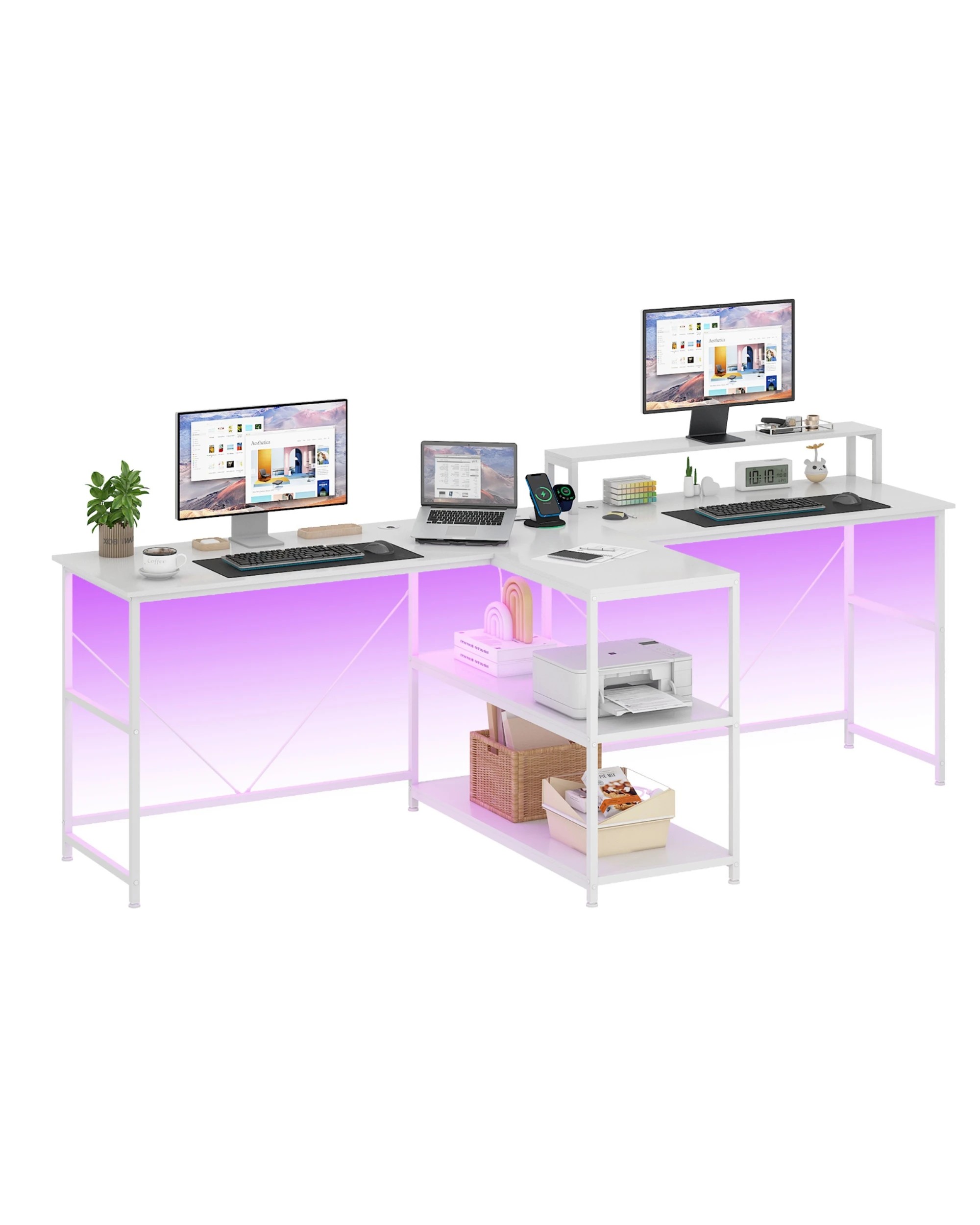 1 Advwin 236cm 2 Person LED Gaming  Computer Desks w/ Power Outlets  - White, 1 of 10