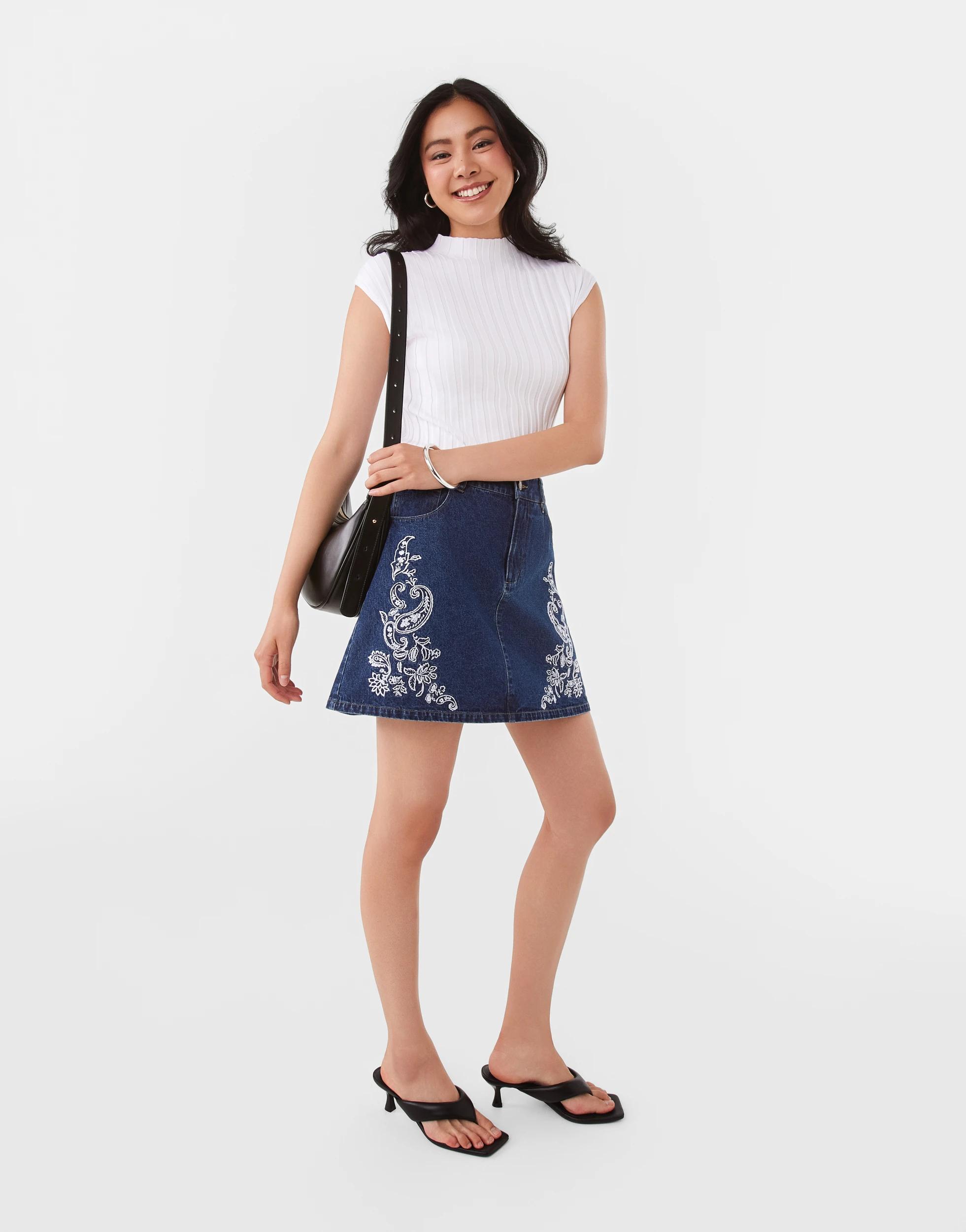 10 Embroidered Denim Mini Skirt Dark Wash, 10 of 10