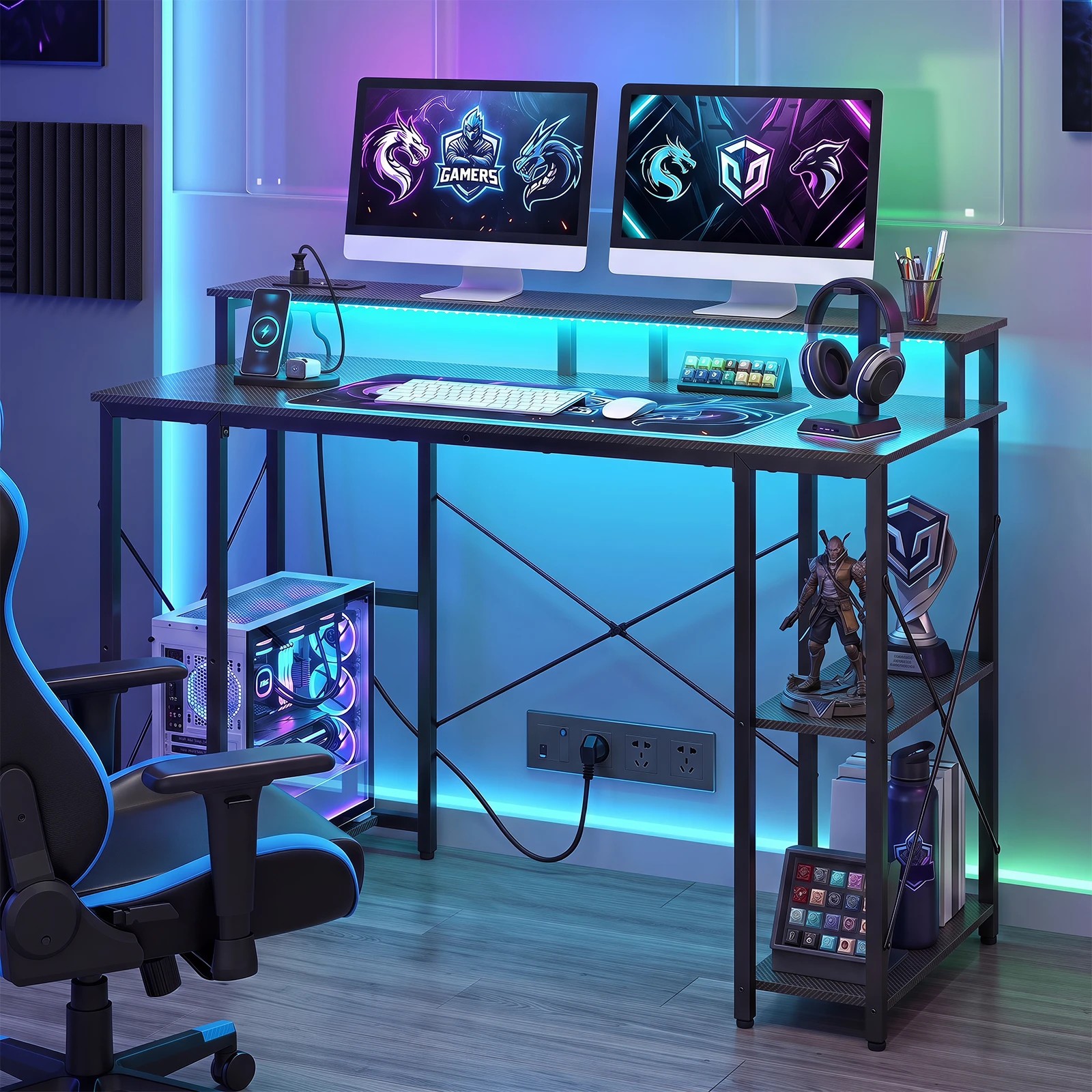 4 Costway 120cm Computer Desk w/Charging Station & LEDs Workstation Gaming Table, 4 of 5