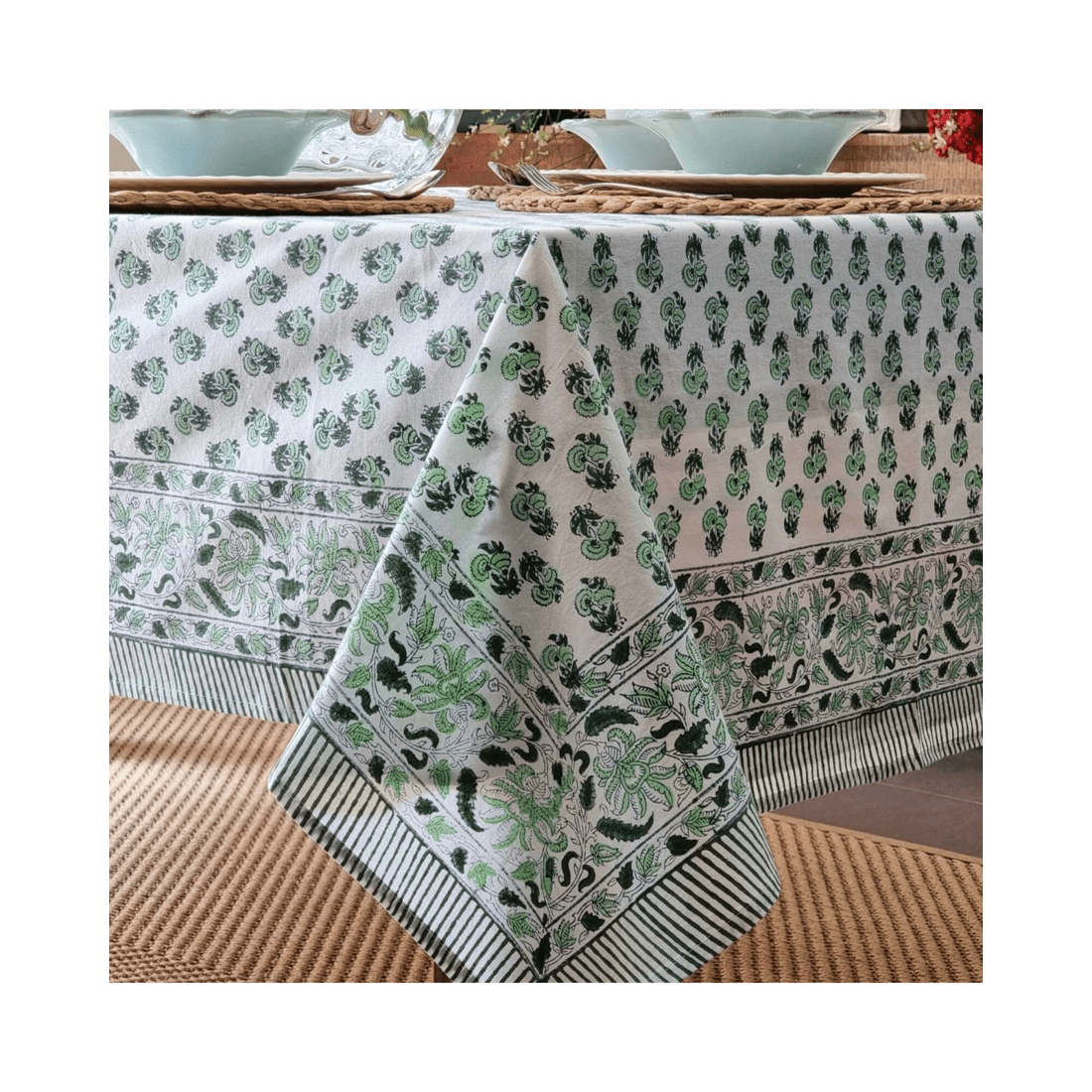5 Kolka Rosemary Hand Block-Printed Cotton Tablecloth - Green, 5 of 6