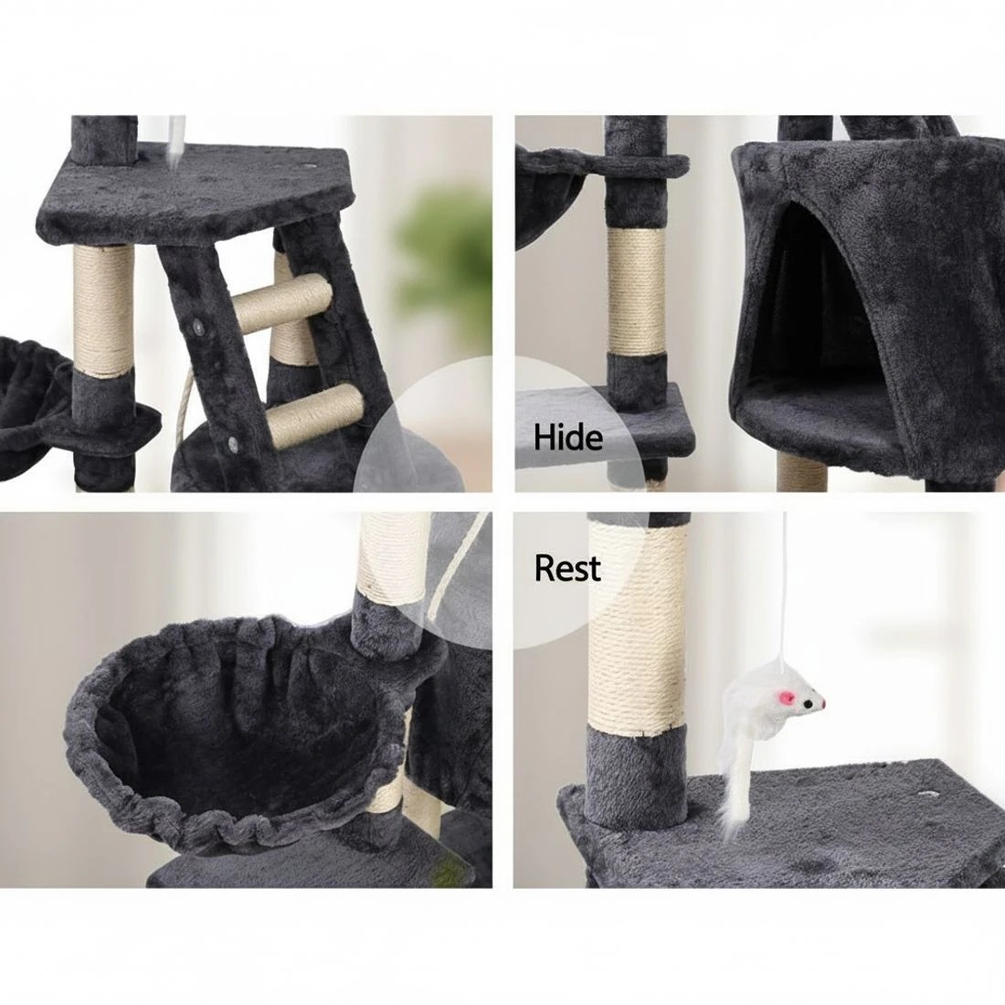 4 i.Pet Cat Tree 120cm Tower Scratching Post Scratcher Wood Condo House Bed Toys - Grey, 4 of 6
