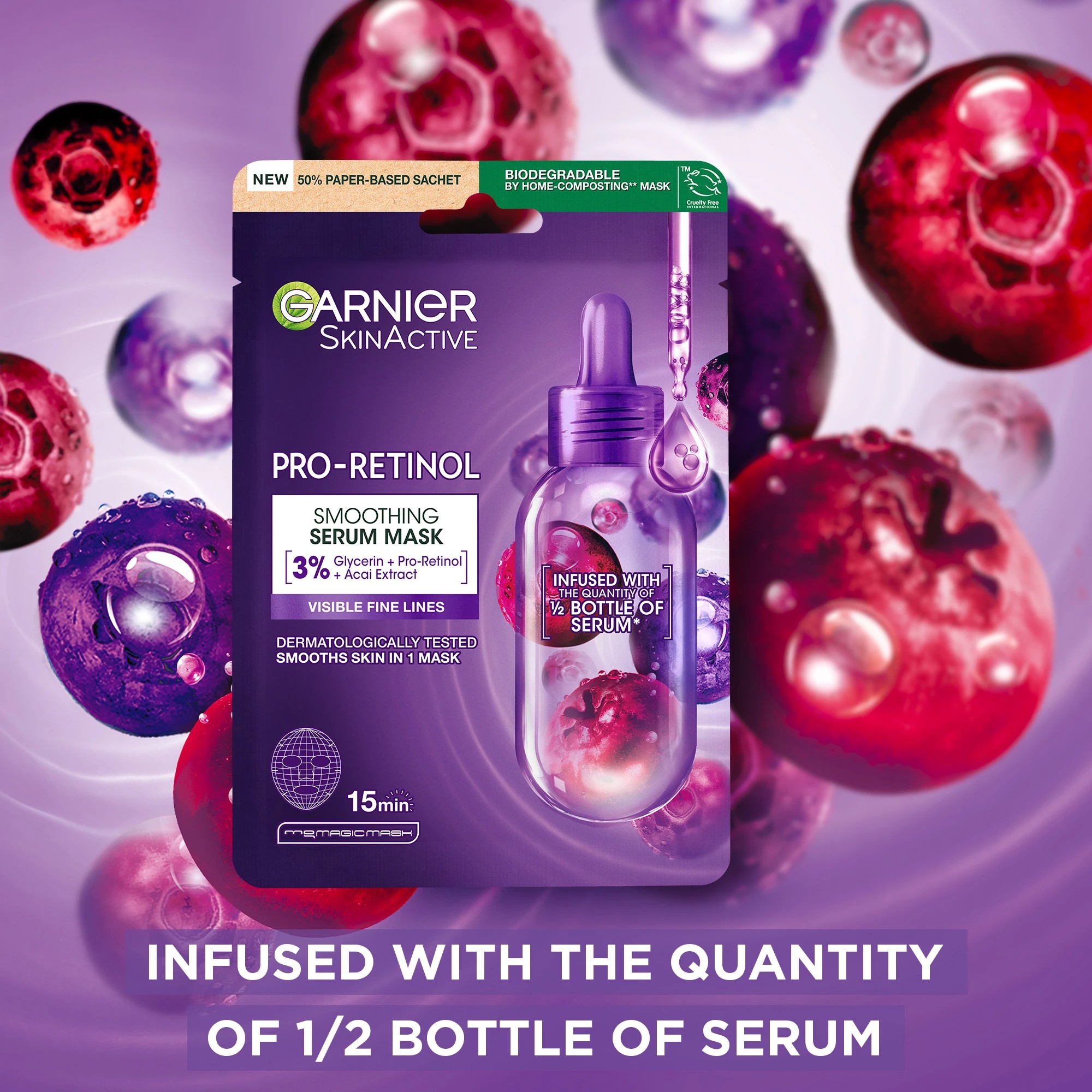 6 Garnier SkinActive Smoothing Serum Mask 28g - Glycerin, Pro-Retinol and Acai Extract, 6 of 8