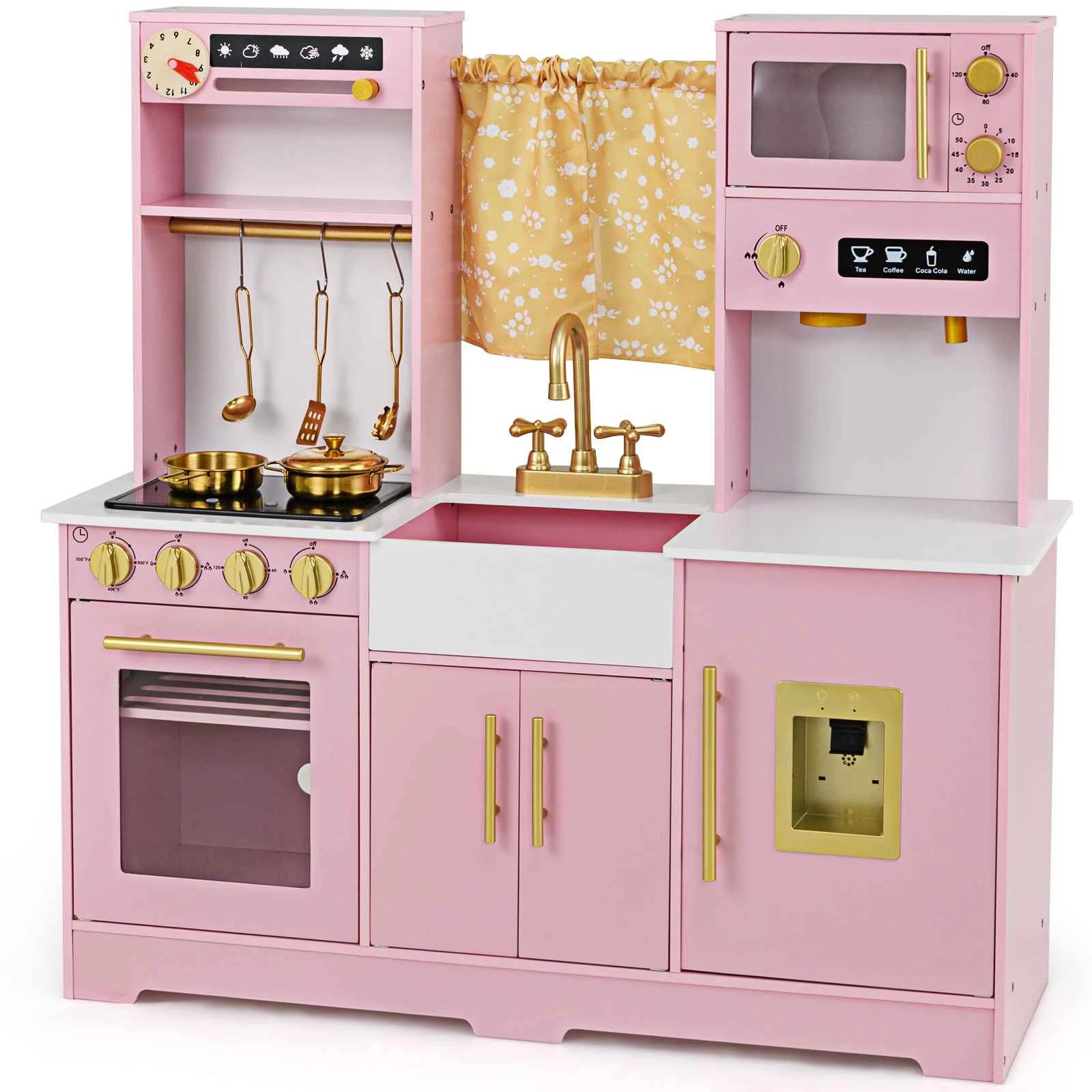 1 Costway Pretend Cooking Play Set Wooden Kitchen Playset Toys w/Chalkboard - Pink, 1 of 1
