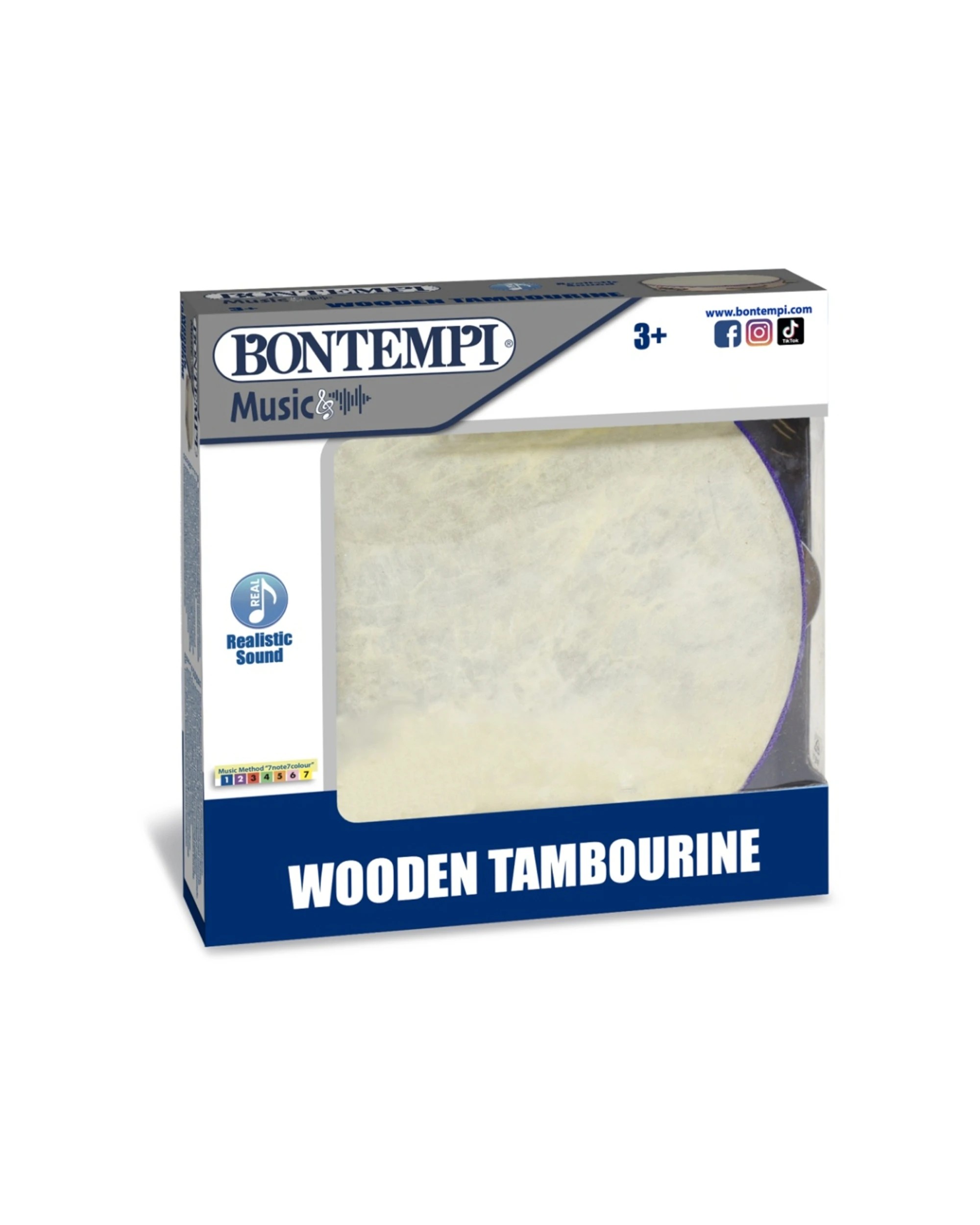 3 Bontempi Wooden Tambourine Membrane Cymbals Realistic Sound 190mm - Natural, 3 of 3