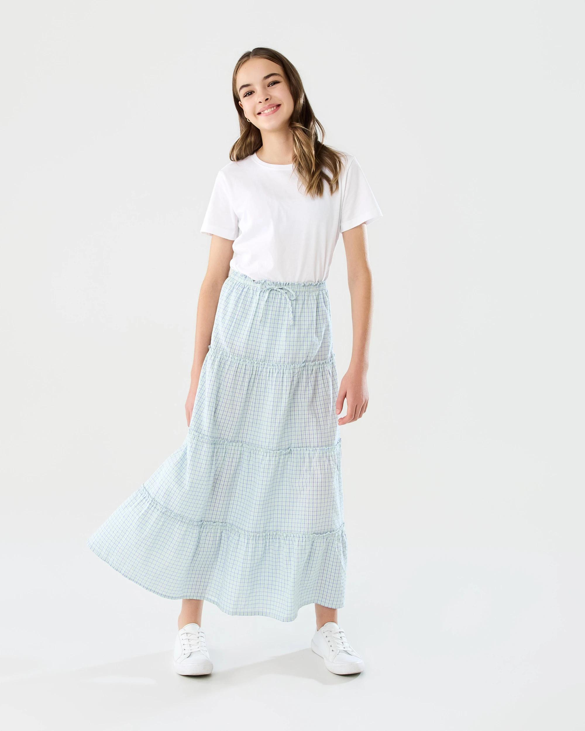 6 Tiered Check Maxi Skirt Blu Check, 6 of 7