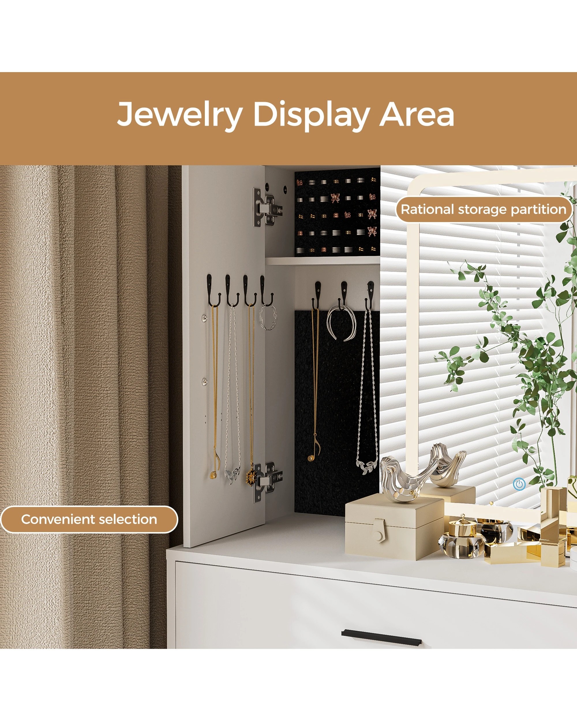 7 Ufurniture Dressing Table Stool Set LED Lights Mirror Drawers & Jewelry Shelves - White, 7 of 8