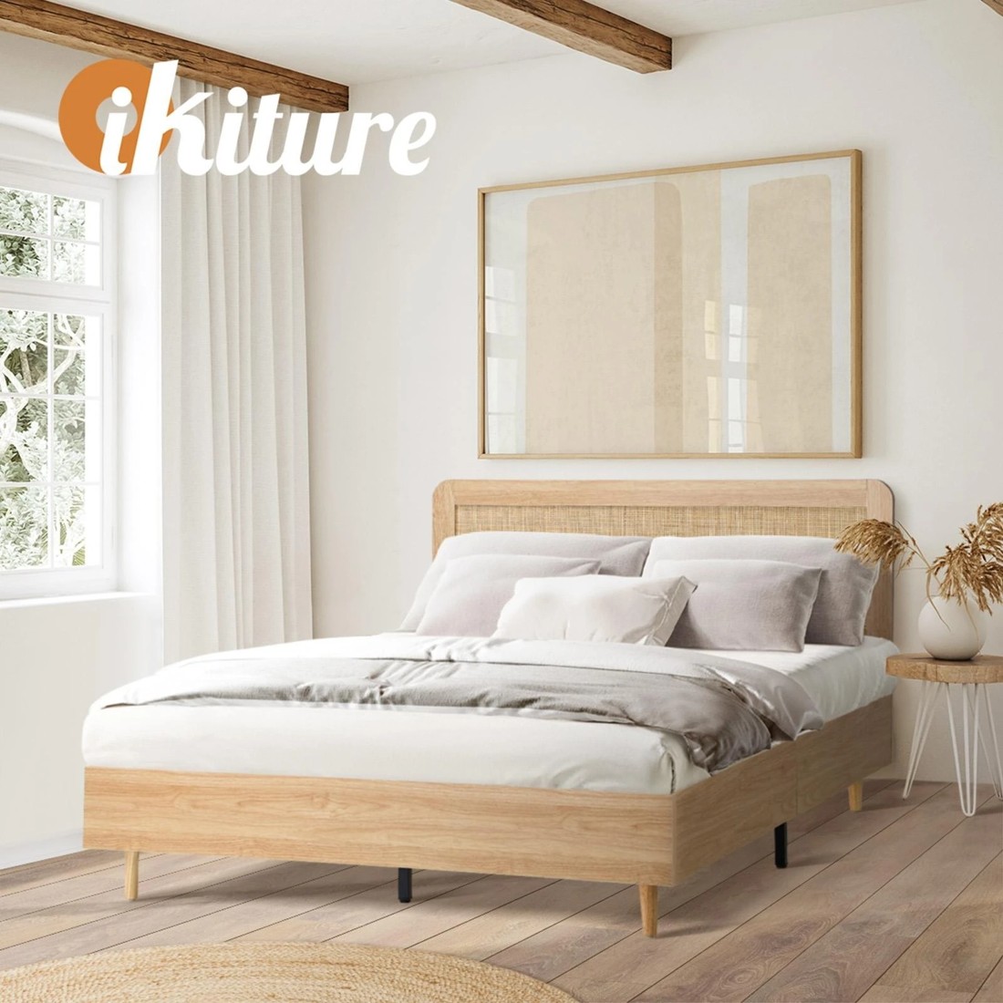 9 Oikiture Queen Bed Wooden Bed Frame With Rattan Headboard
 - Natural, 9 of 10